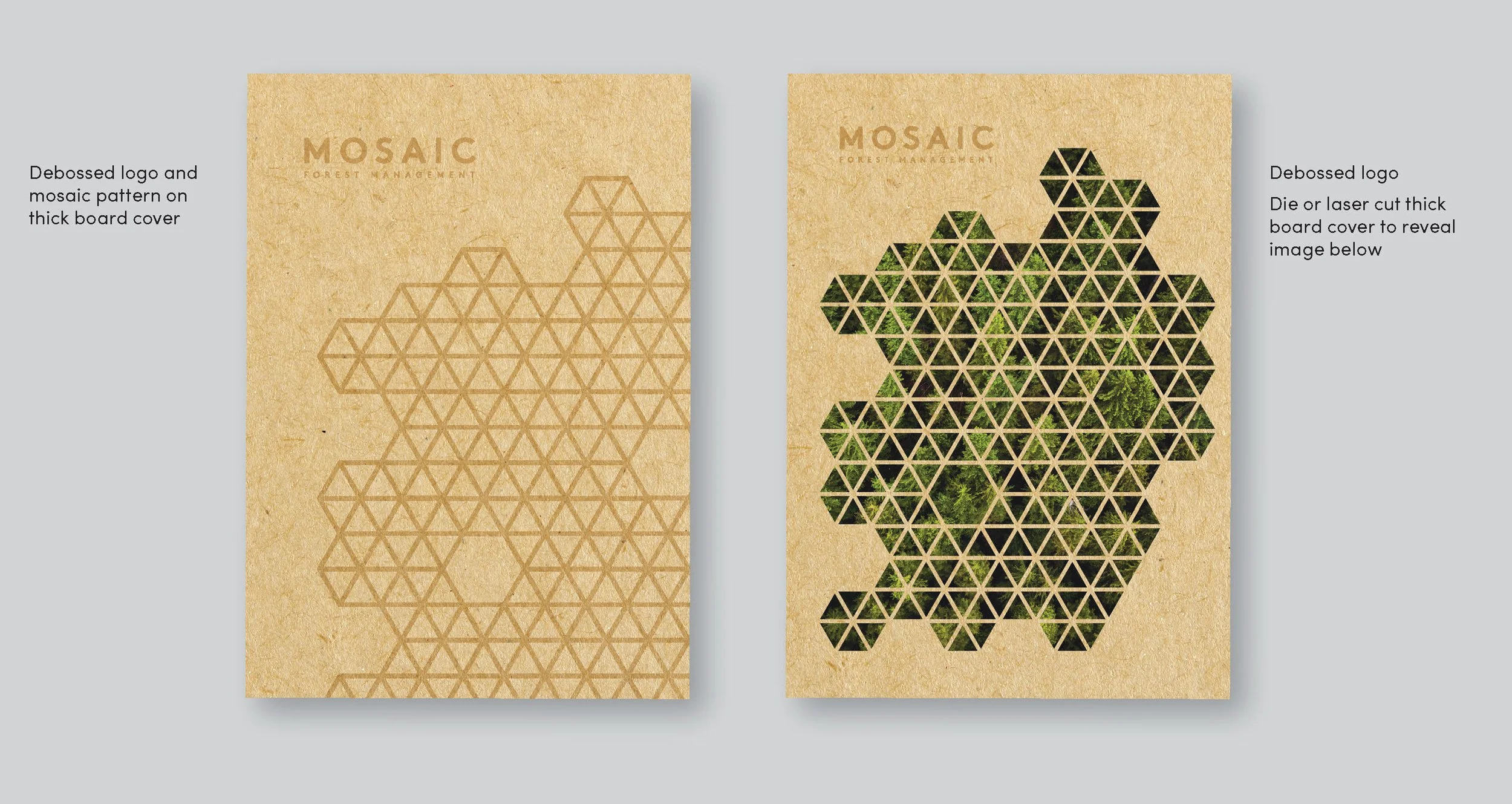 Two sheets of thick board cover with a geometric mosaic pattern; the left shows a debossed honeycomb pattern on plain brown board, the right has a cut-out mosaic revealing an image of green trees underneath.