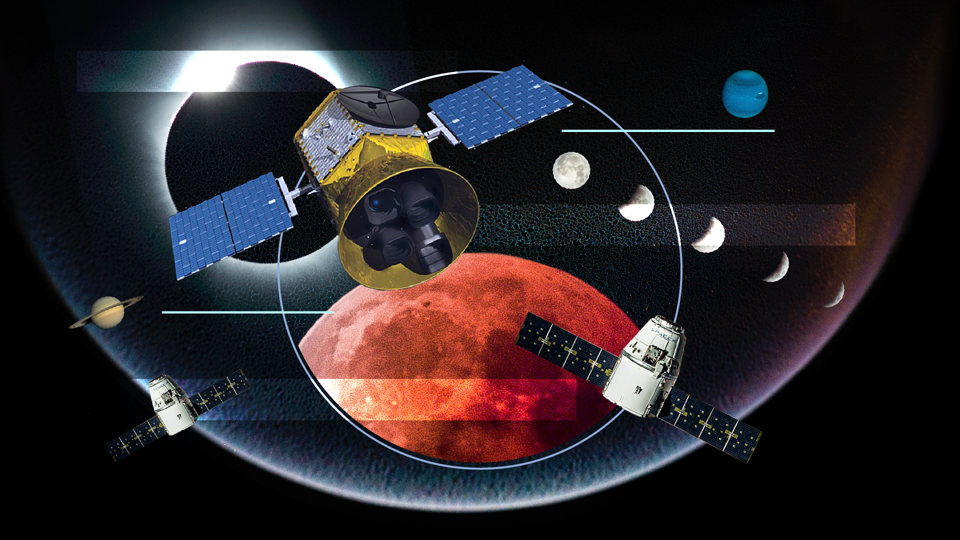 Artistic depiction of space with multiple spacecraft orbiting a planet with red terrain, and a lunar eclipse occurring behind.
