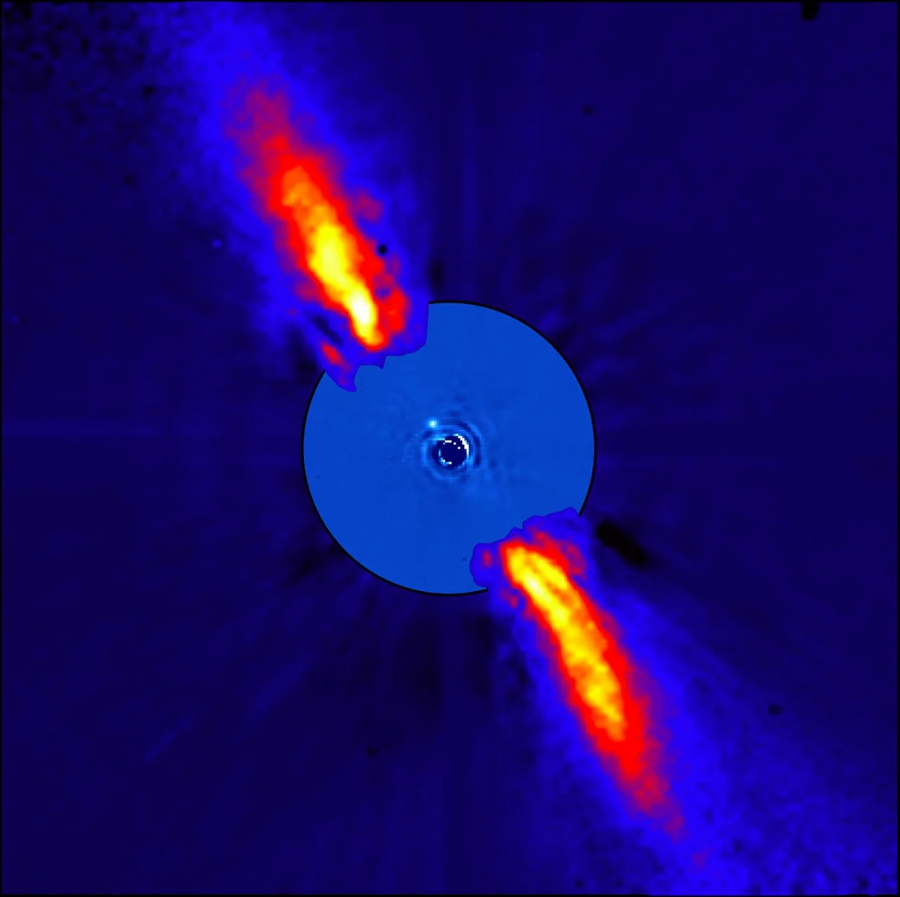 A detailed image of two solar flares erupting from the Sun's surface, shown in bright orange and yellow against a dark blue background, with an inset orbit diagram at the center.