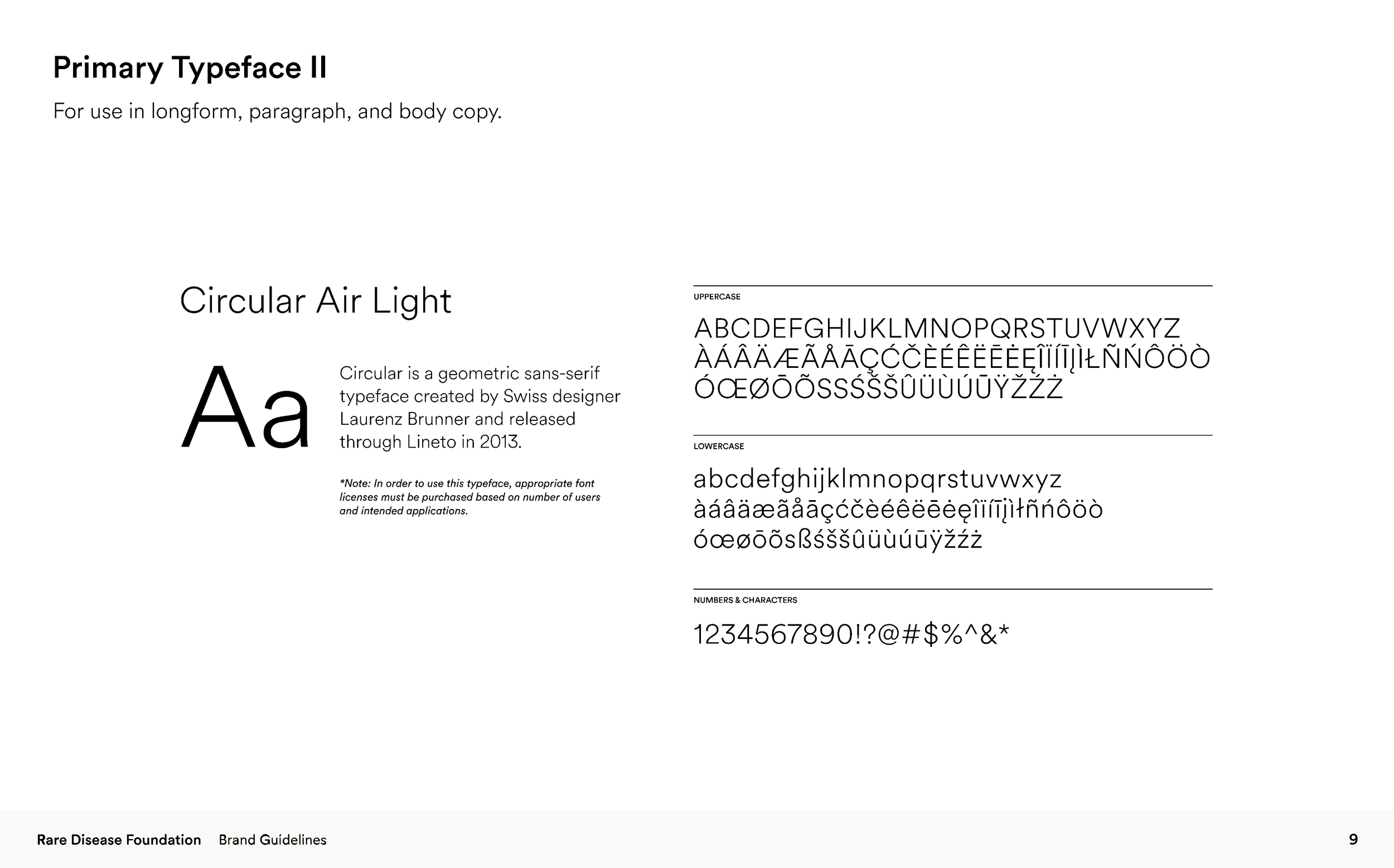Typography style guide page for 'Primary Typeface II', featuring the font 'Circular Air Light'. Includes the uppercase and lowercase alphabet, accented characters, and numbers with symbols, along with a description of the font created by Swiss design