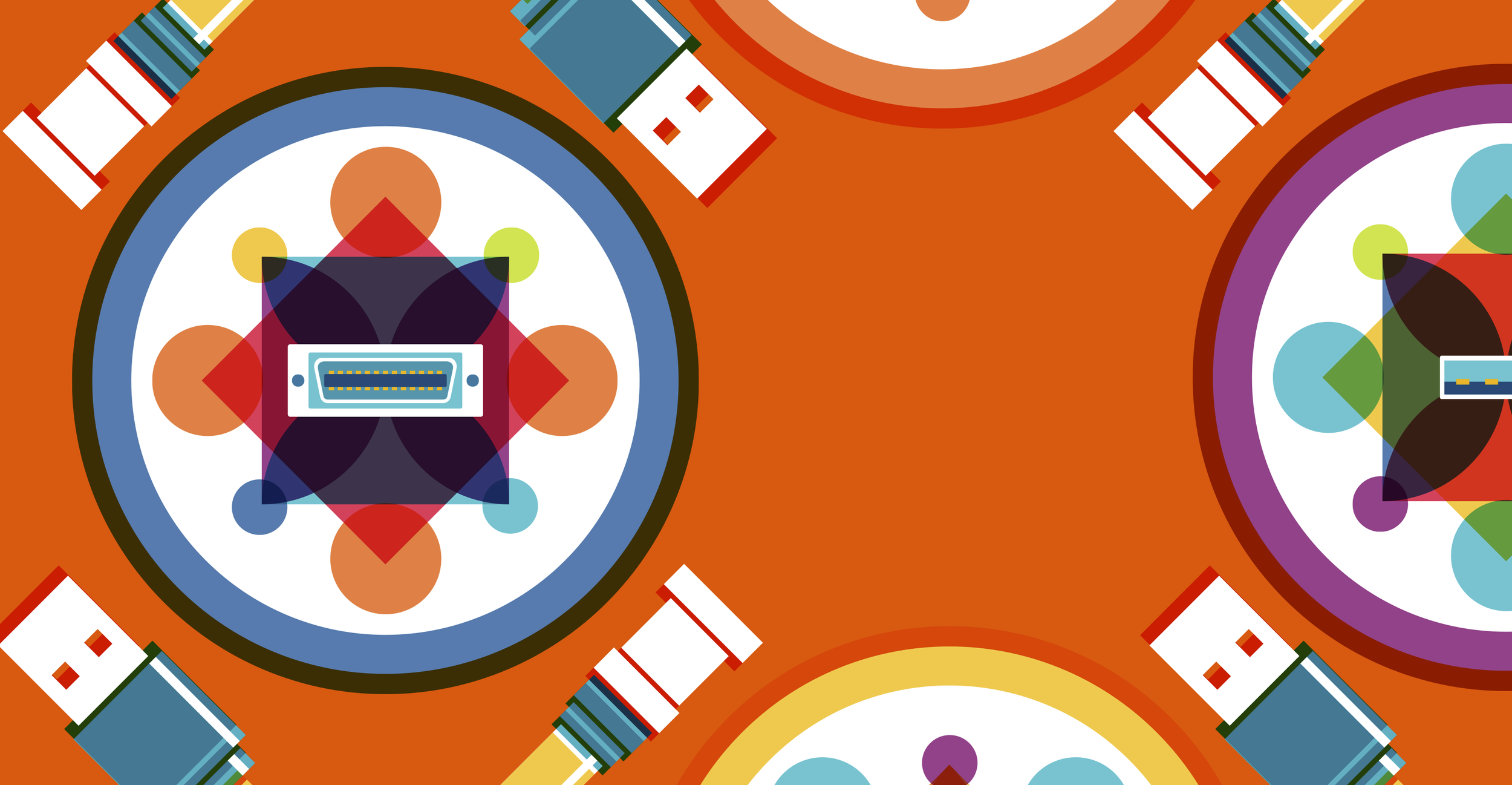 Pattern of colorful abstract and geometric shapes, including circles, rectangles, and lines, on an orange background.