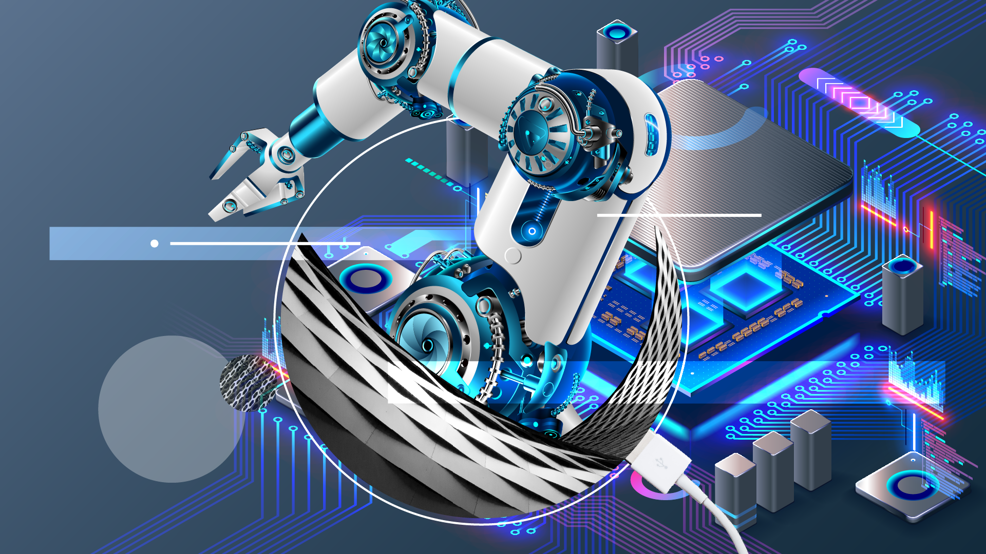 A digital illustration of a robotic arm assembling or interacting with electronic components, including circuit boards, microchips, and a smartphone, with glowing blue and neon accents.