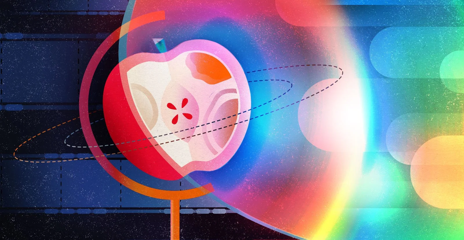 A stylized illustration of a sliced apple with a digital, cosmic background featuring colorful rainbow-like light effects and abstract lines.