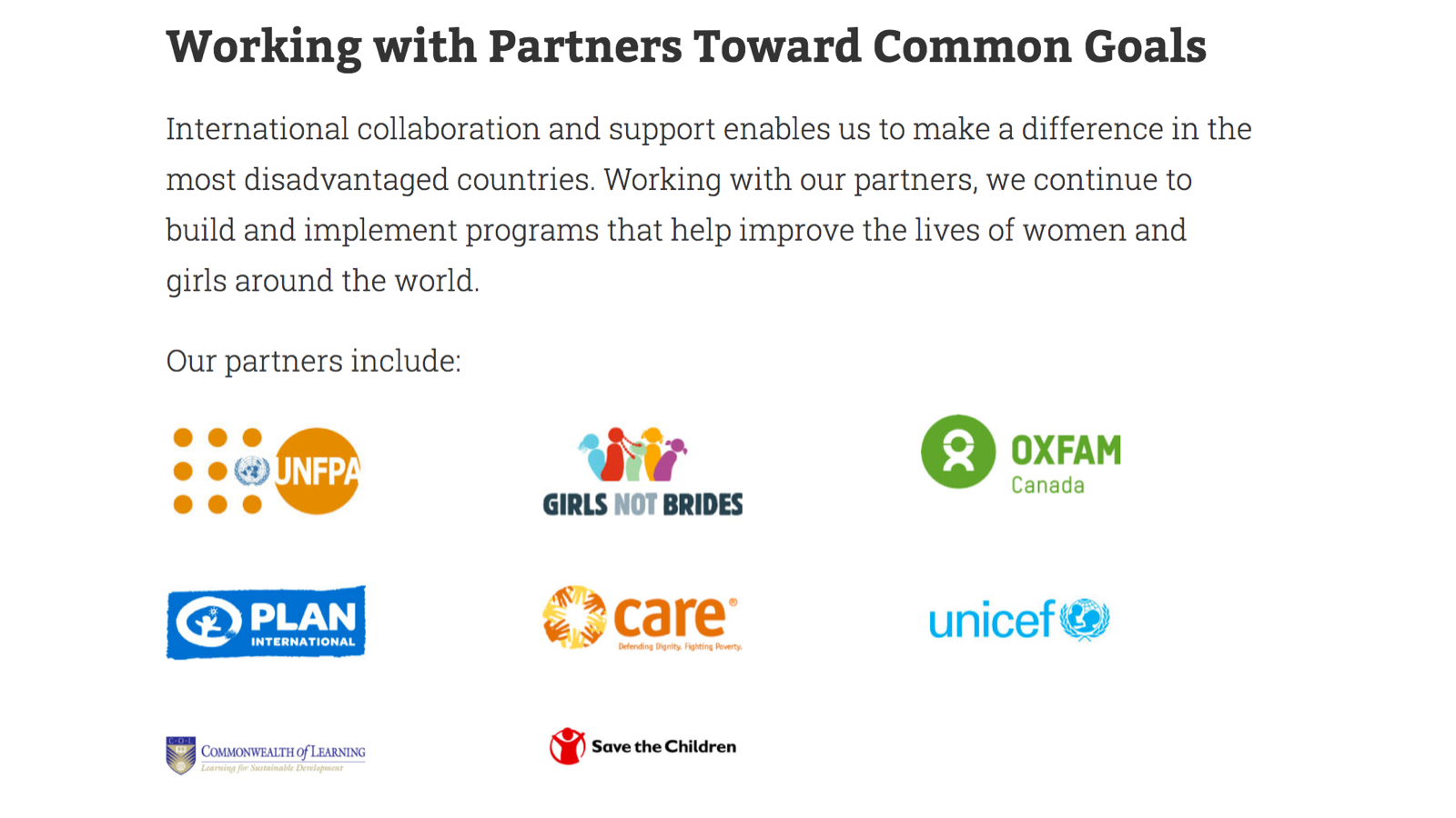 Text heading reads 'Working with Partners Toward Common Goals'. Below, a paragraph explains international collaboration supporting disadvantaged countries, emphasizing programs to improve the lives of women and girls. Logos of partner organizations a