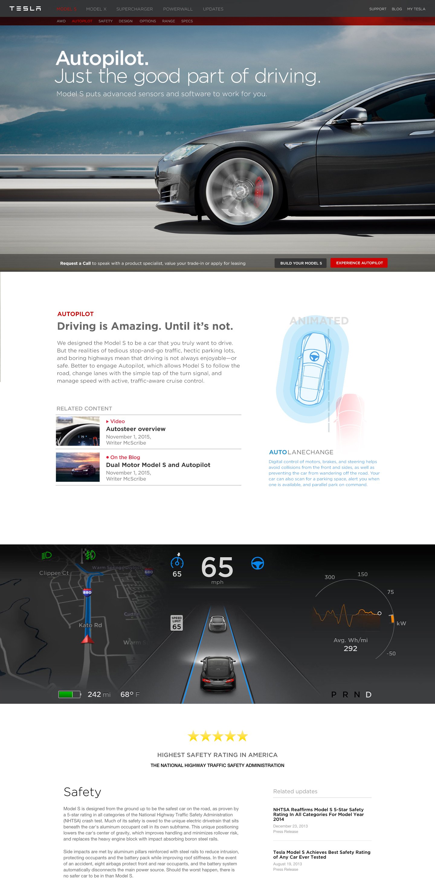 Tesla Model S driving at high speed on a highway, with autopilot engaged, showing a digital dashboard and navigation map.