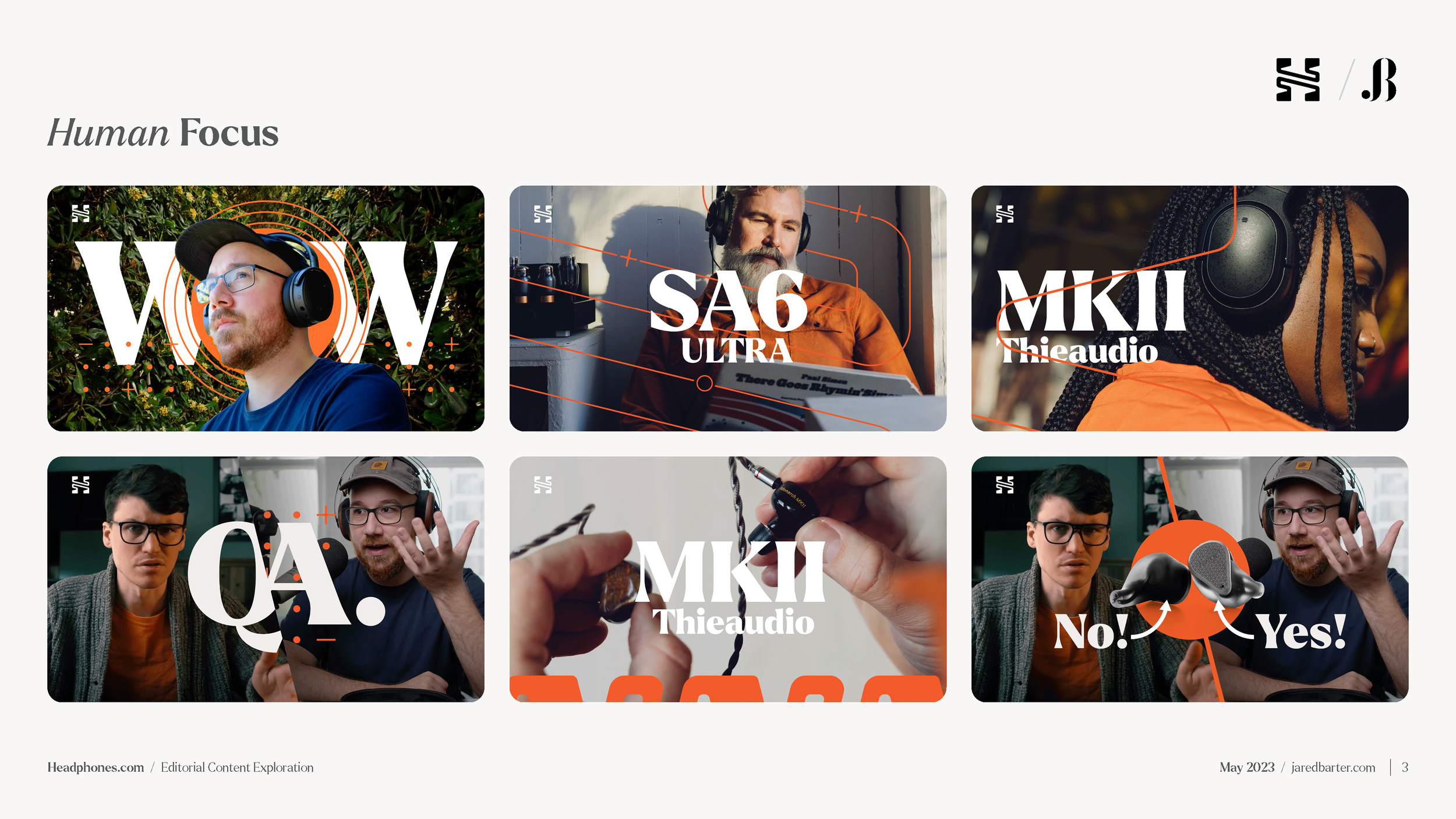 Collage of six images showing people wearing headphones and discussing audio equipment, with text overlays and graphic elements related to headphones and audio products.