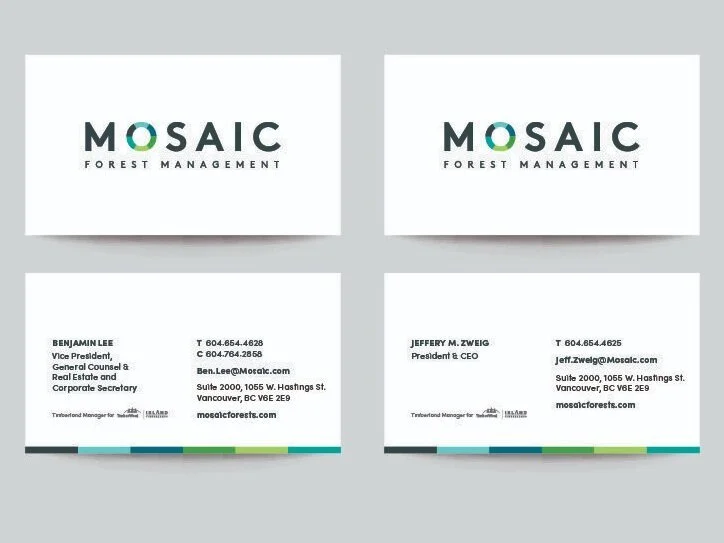 Two business cards for Mosaic Forest Management, one from Benjamin Lee, Vice President, and the other from Jeffery M. Zweig, President & CEO, with contact details and company branding.