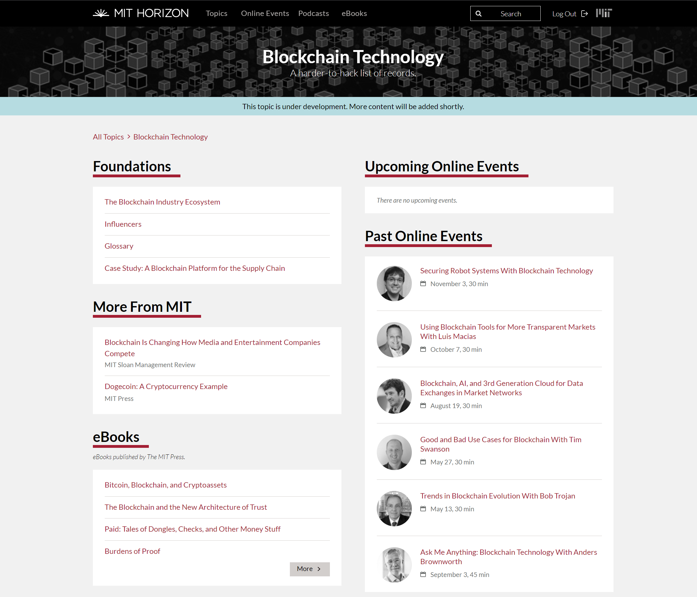 Screenshot of the MIT Horizon webpage on Blockchain Technology, showing a list of courses, past online events, and eBooks related to blockchain, with a black header featuring a geometric pattern and menu options.