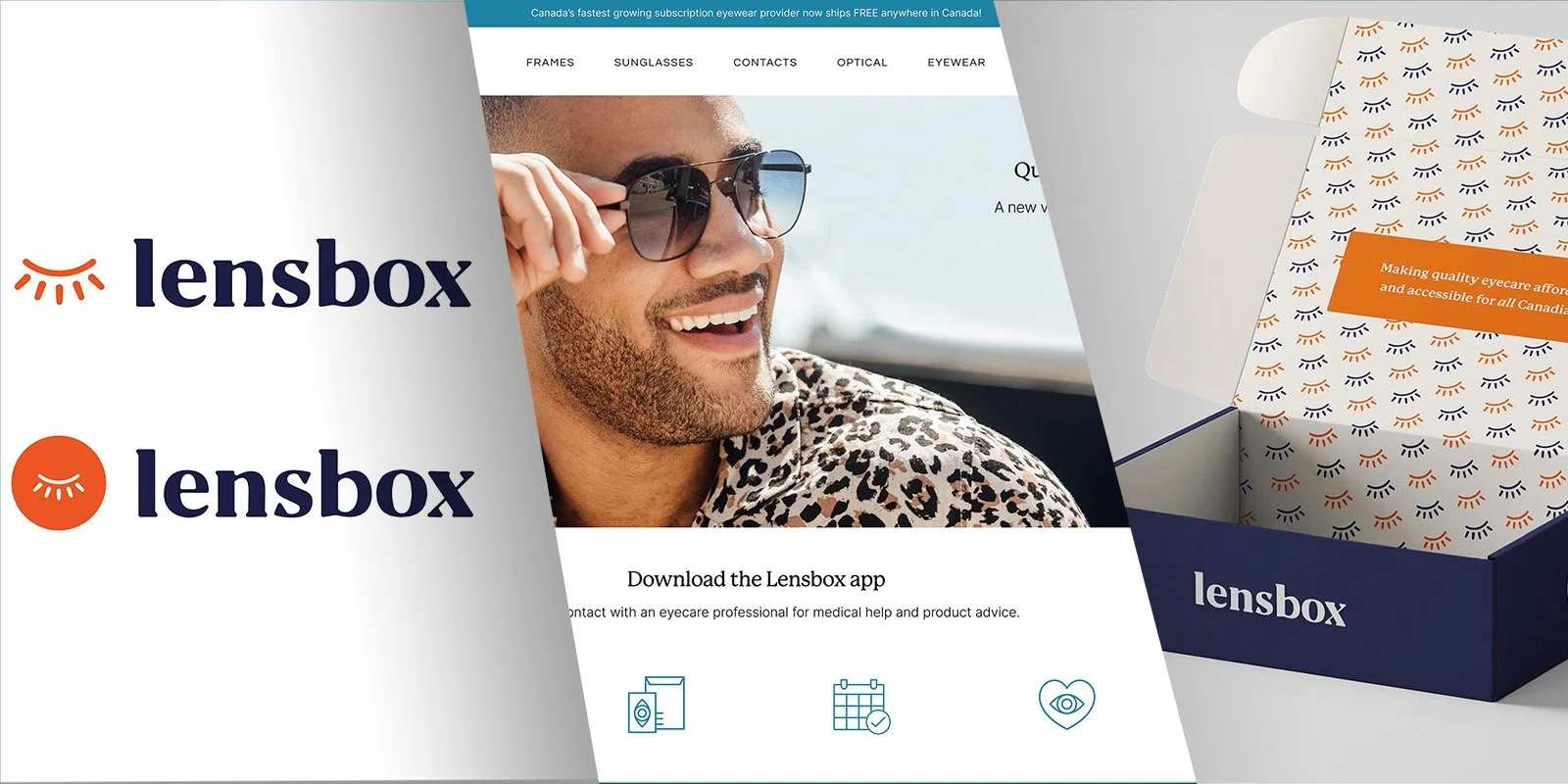 A webpage titled 'Lensbox' with a man wearing sunglasses, smiling, and touching his glasses. An open box with a pattern of eye icons and an orange label inside. Text indicating downloadable app and contact info for eyewear products.