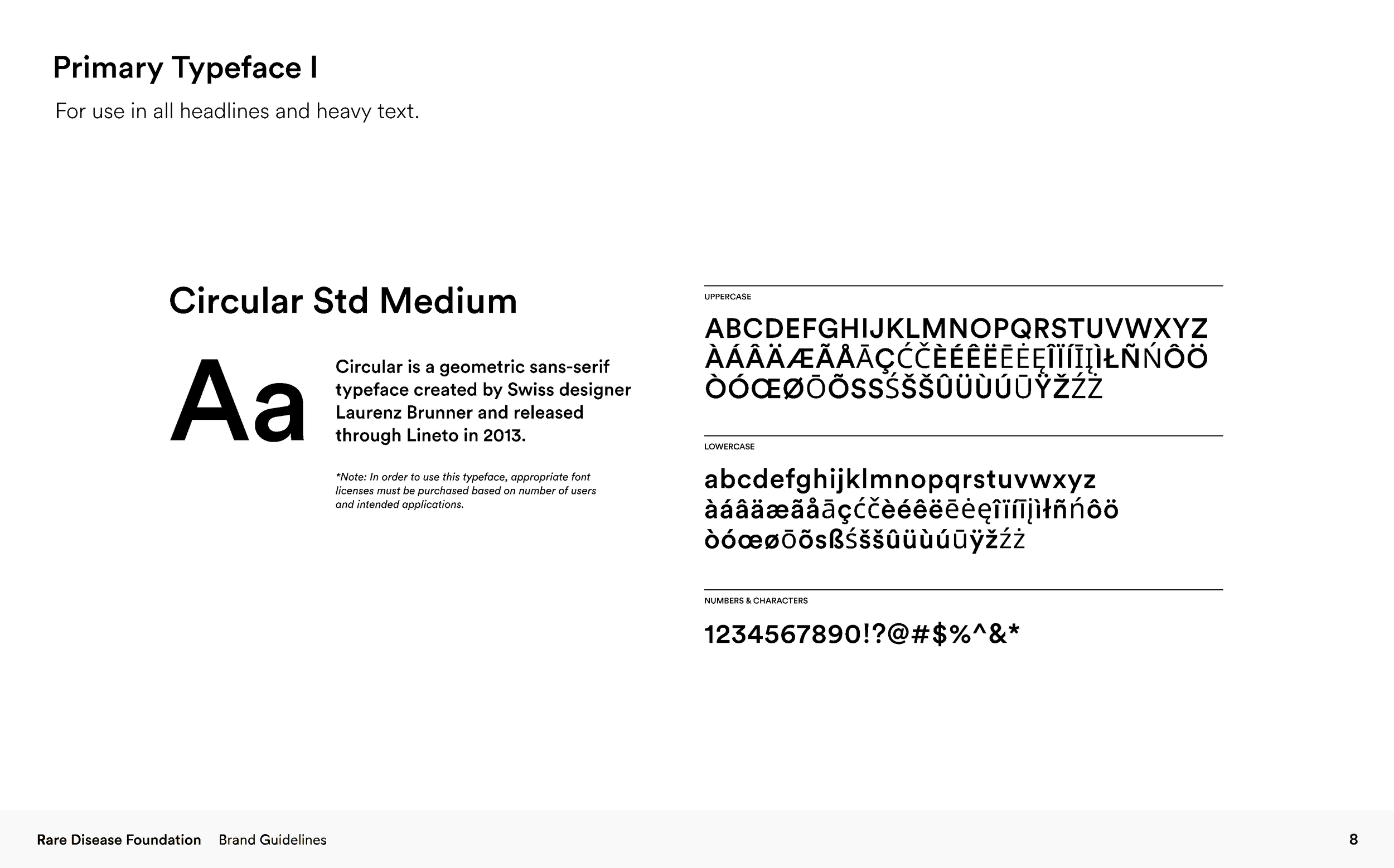 Sample typography guide page with sections on primary typeface, circular standard medium font, and characters including uppercase, lowercase, and numbers with special characters.