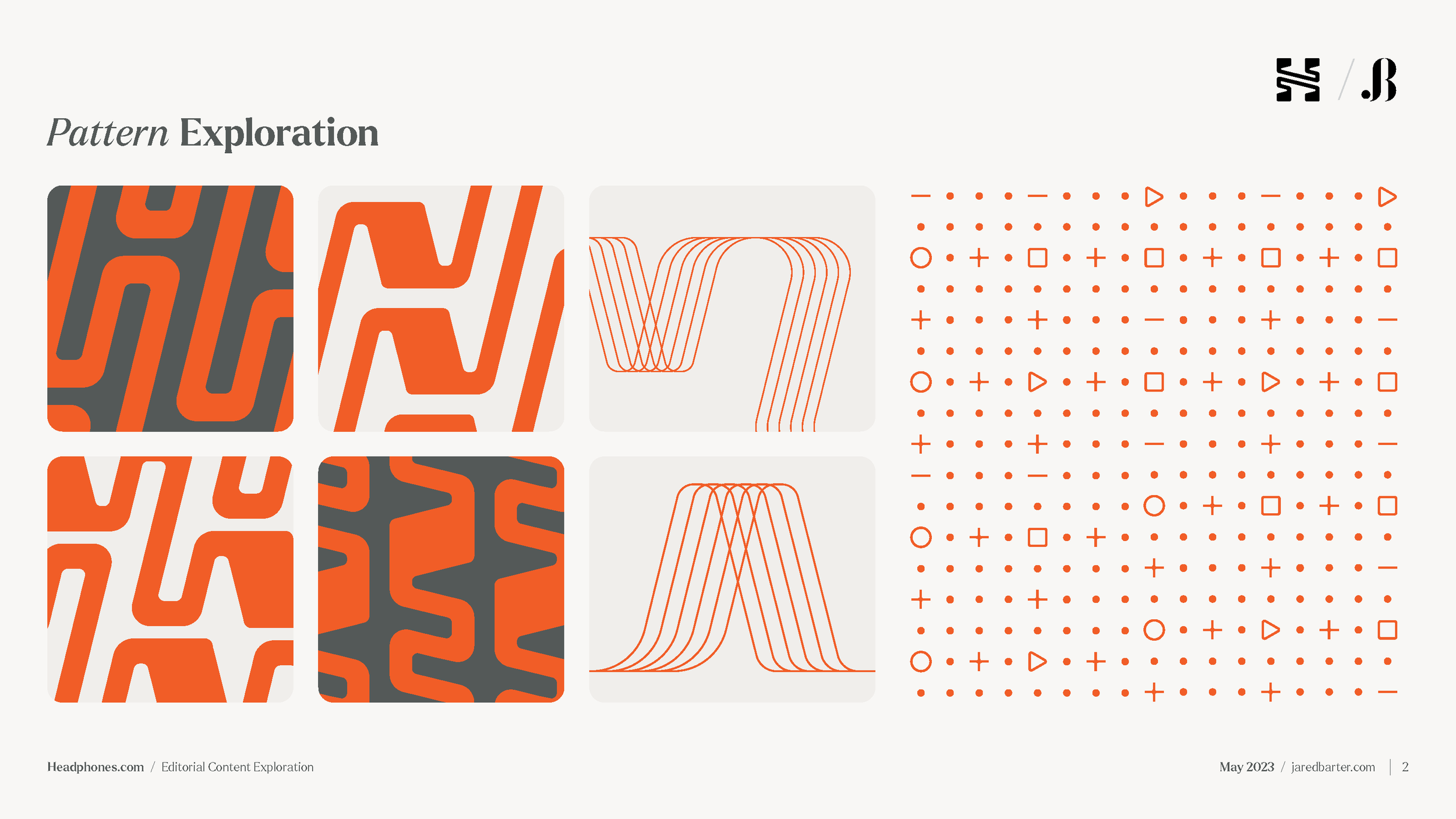 A graphic displaying a pattern exploration with six different abstract patterns in orange, white, and dark gray colors, arranged in a grid. To the right, there's a large grid of orange geometric symbols on a white background, including circles, squar