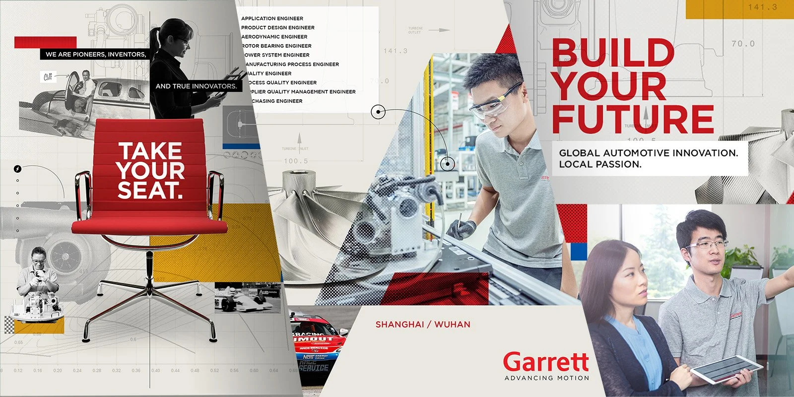 Collage of engineering and automotive innovation images with a red office chair displaying 'Take Your Seat,' a young engineer working on an automotive project, and a man and woman in a discussion, featuring text about building the future and global automotive innovation, with a Garrett logo.