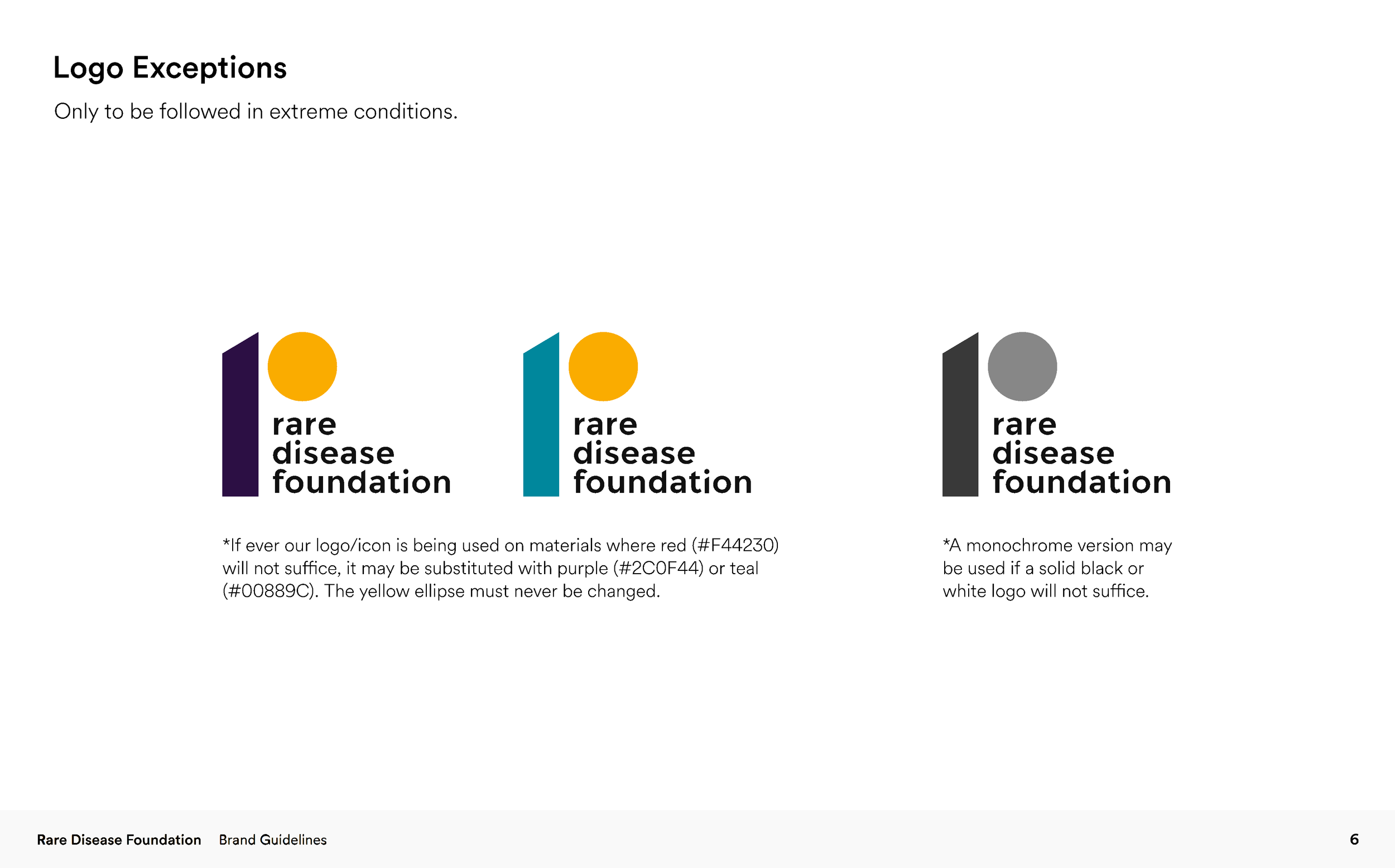 Guidelines for logo exceptions showing three variations of the Rare Disease Foundation logo: purple with yellow circle, teal with yellow circle, gray with gray circle, with text describing color substitutions and monochrome version rules. 