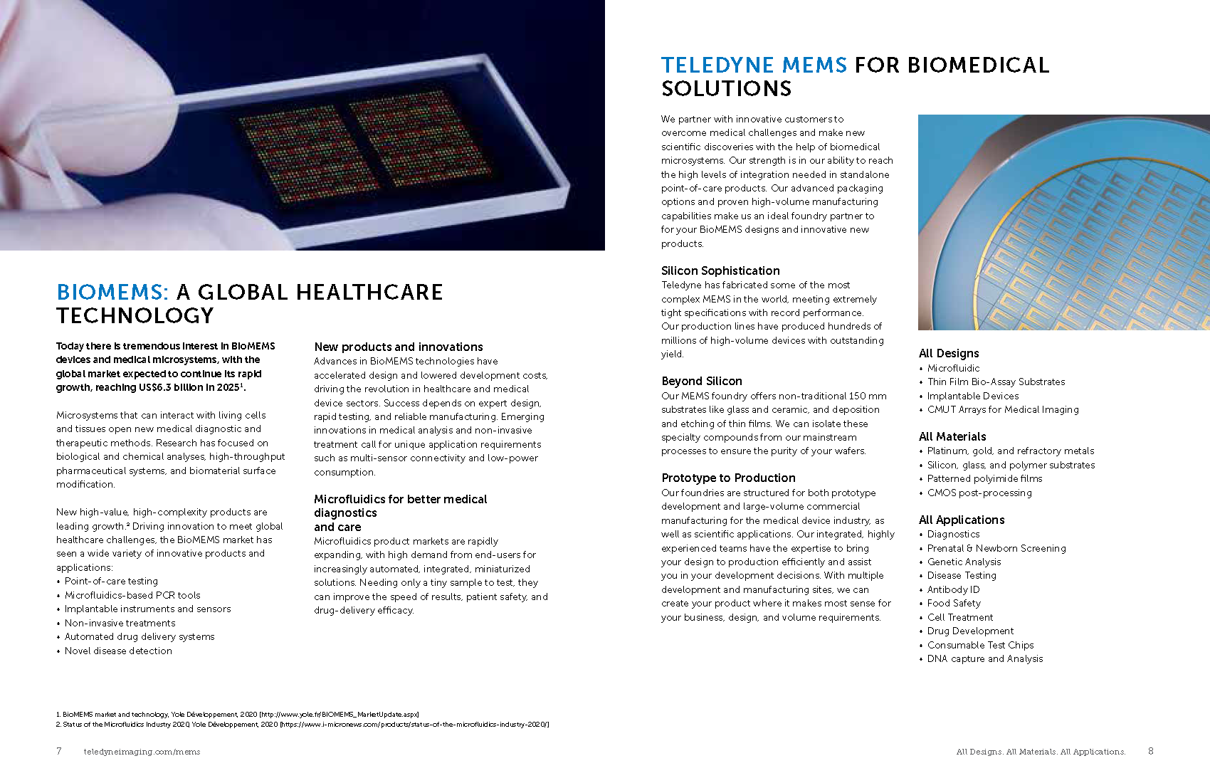 Brochure page with text about BioMEMS technology and its applications in healthcare, featuring an image of a microchip and a close-up of a medical device component.