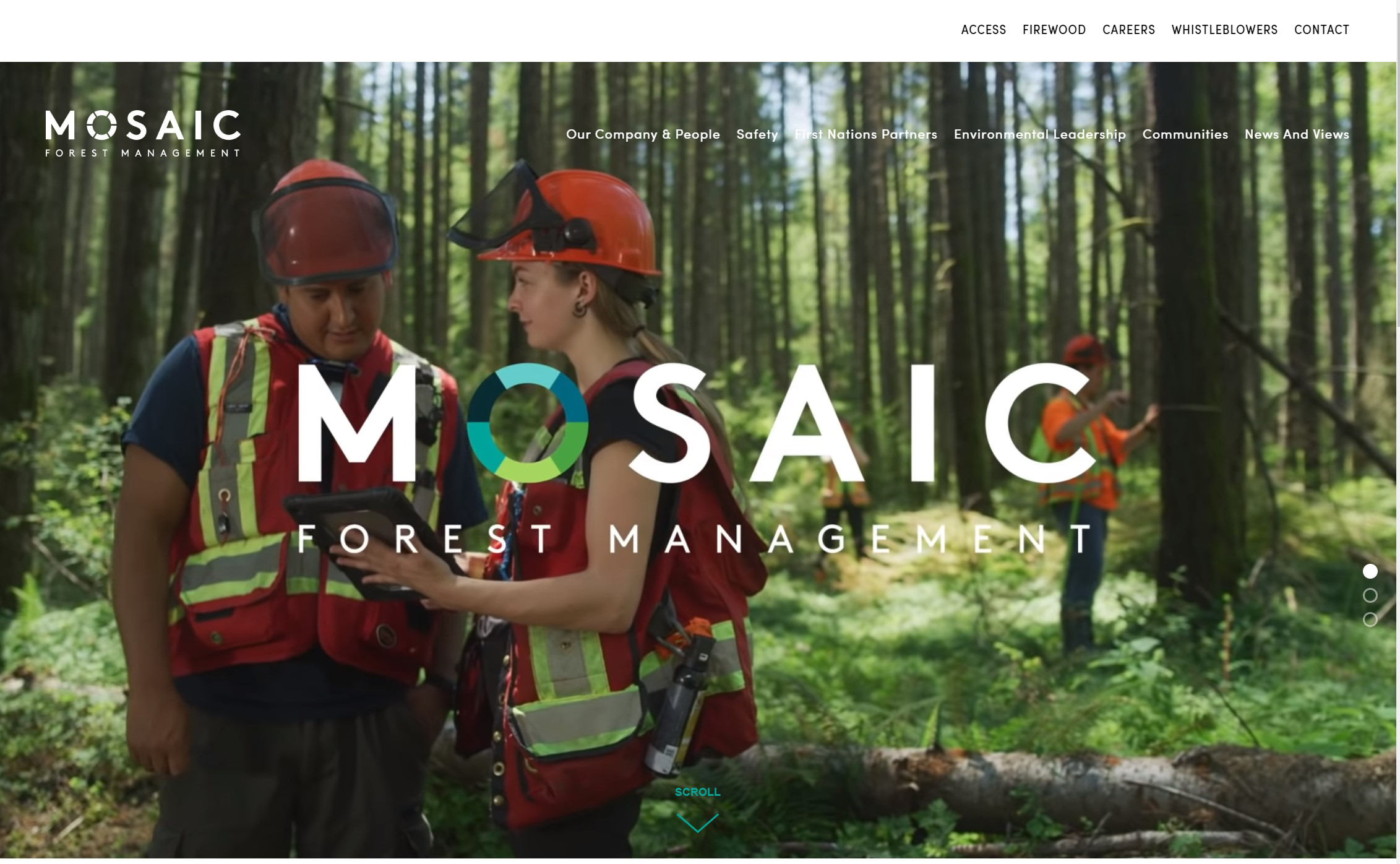 Two forestry workers wearing red safety vests and helmets reviewing information on a handheld device in a forested area with two other workers in the background.