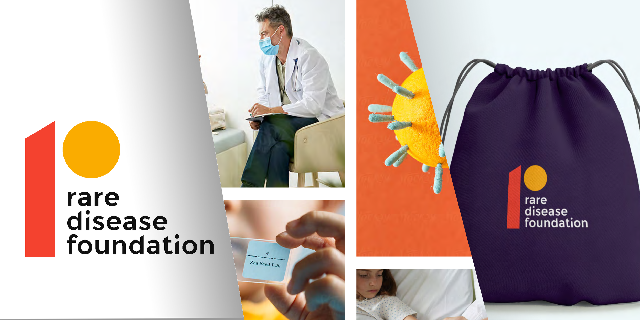 A promotional collage for the Rare Disease Foundation, featuring a logo, a doctor wearing a mask consulting with a patient, a close-up of a test tube with a vaccine, a computer screen displaying a microbe, and a girl lying in bed with a blanket.