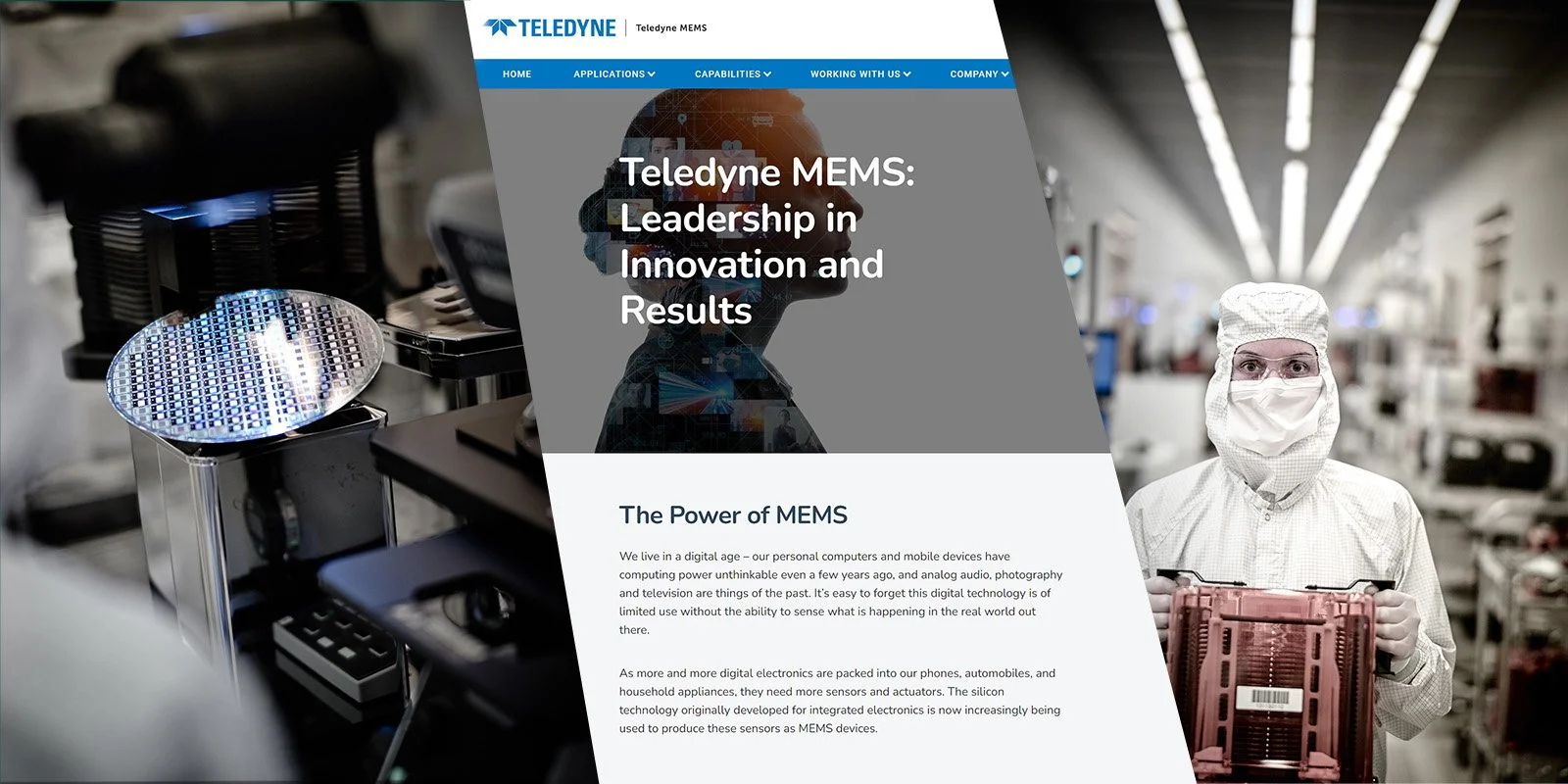 The image shows a webpage displaying information about Teledyne MEMS technology, with a background featuring a scientist in a cleanroom suit working with electronic equipment in a high-tech laboratory.
