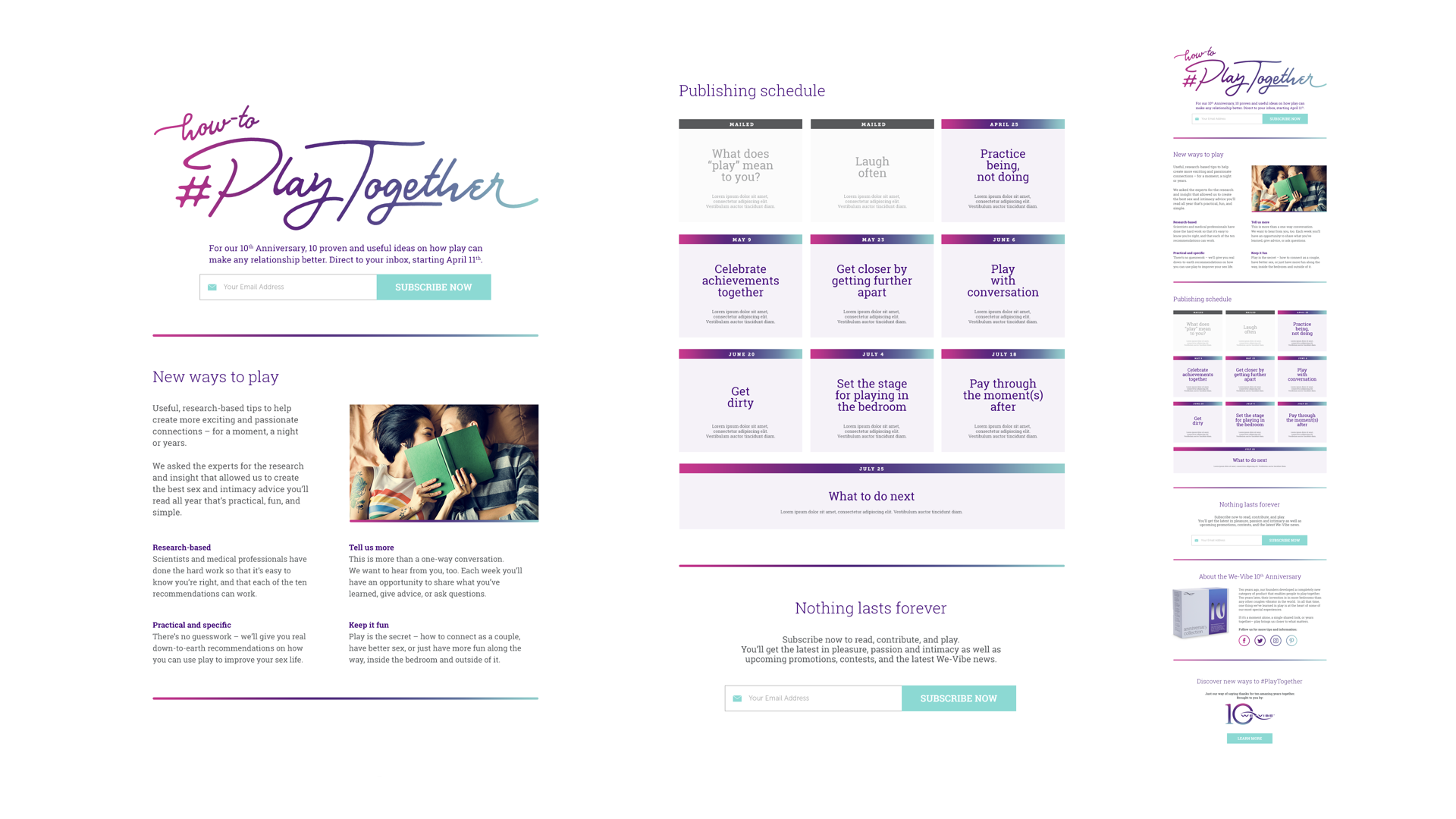 A webpage celebrating the 10th anniversary of 'How to Play Together,' providing relationship tips, research insights, and a subscription sign-up form with a pastel-colored design and a schedule of events.