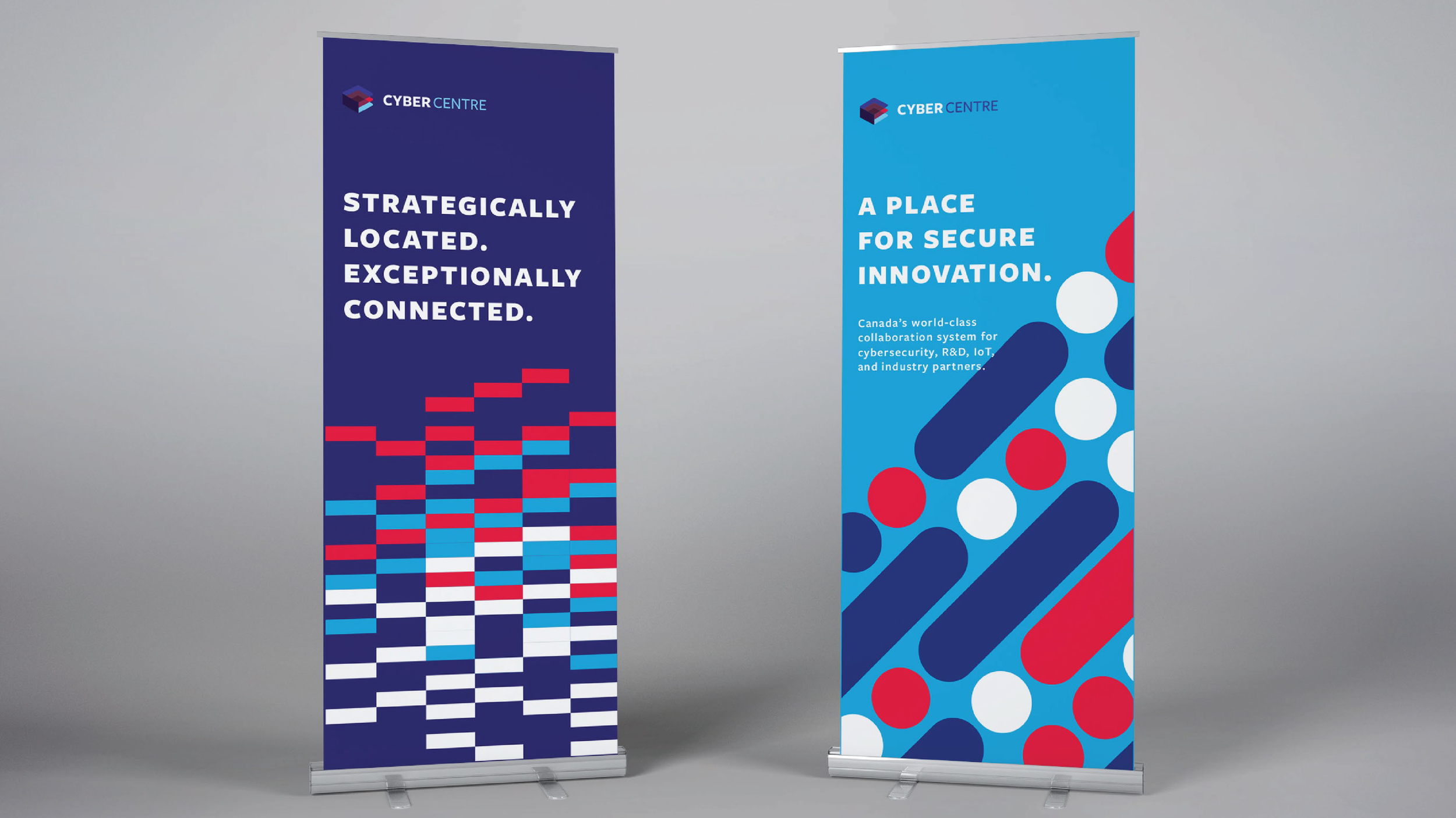 Two vertical banners for Cyber Centre. The left banner is dark blue with pixelated red, blue, and white patterns and text reading, "Strategically Located. Exceptionally Connected." The right banner is light blue with circular and elongated shapes in 