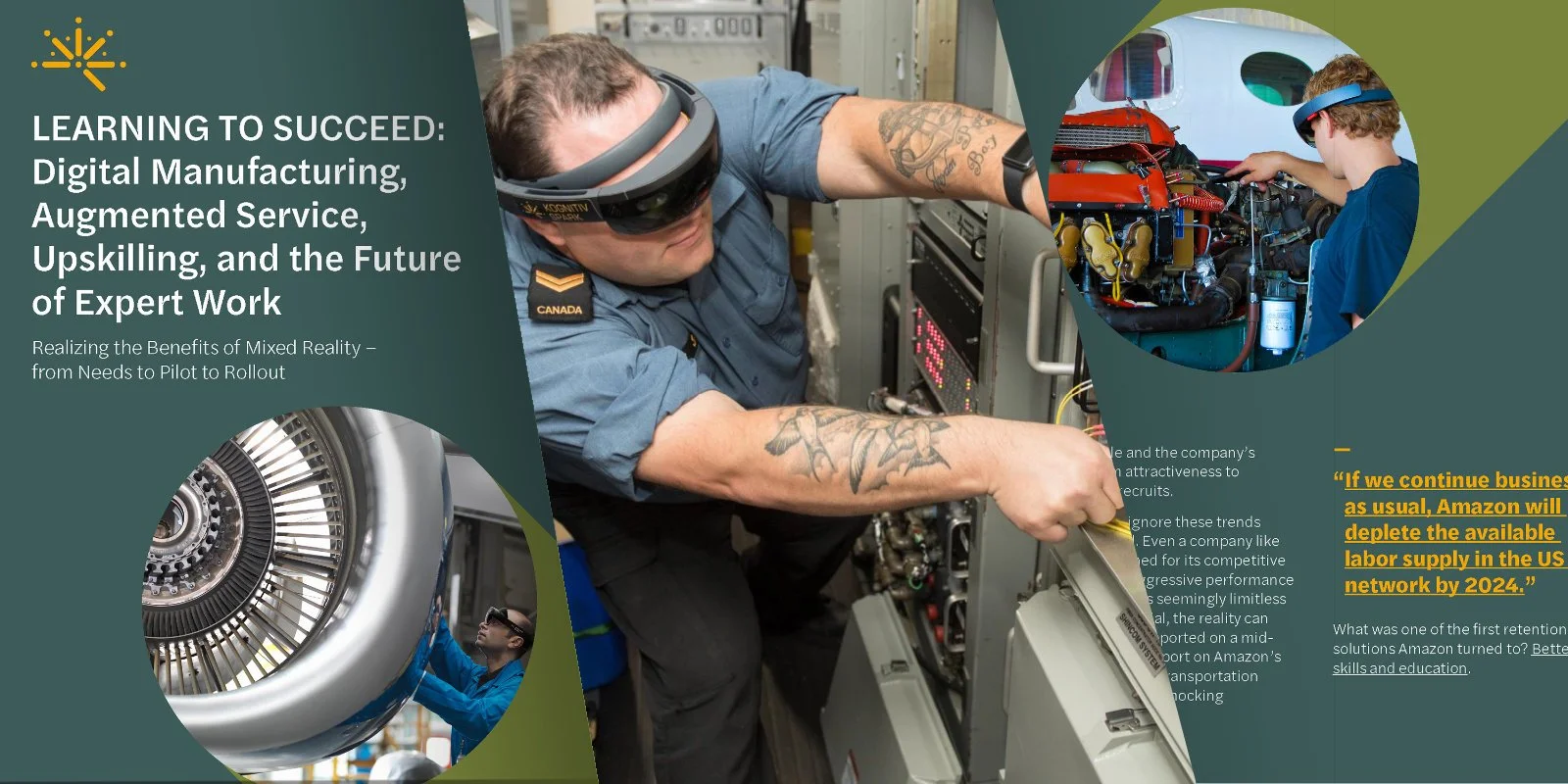 A digital infographic about learning to succeed through digital manufacturing, augmented service, upskilling, and future expert work. It features images of people working with advanced technology and machinery, with text discussing trends and the impact of technology on business and labor supply.