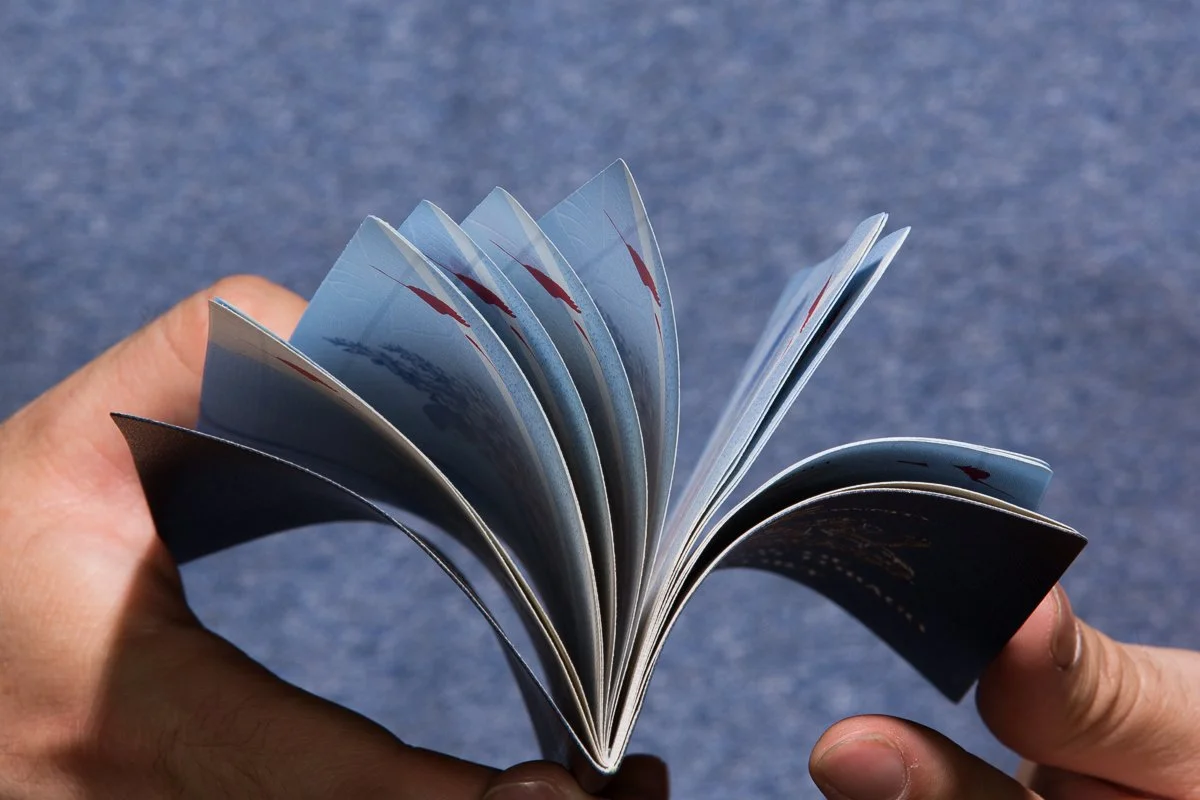 Hand holding a small open photo book or magazine with glossy pages, displaying printed images, against a blue textured background.