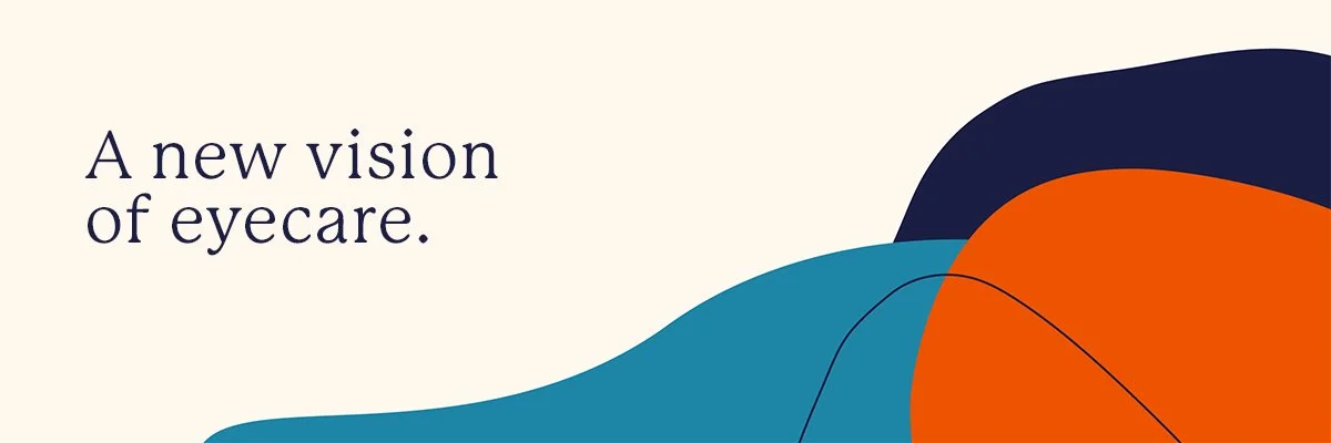 Text that reads "A new vision of eyecare" with abstract colorful shapes in the background.
