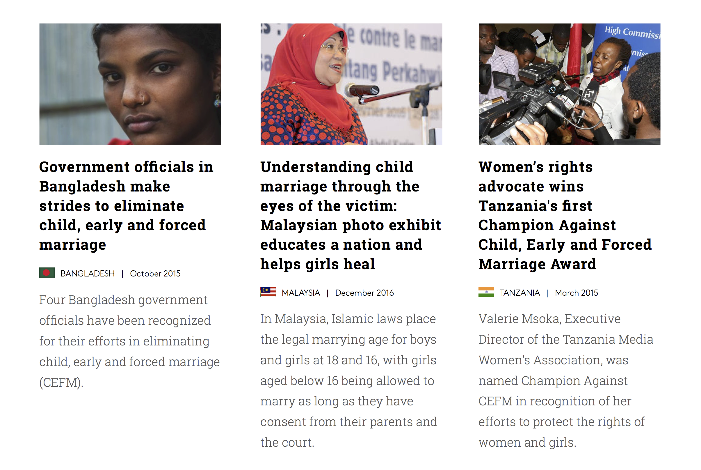 Three news articles with images about women's rights and child marriage in different countries, including Bangladesh, Malaysia, and Tanzania.