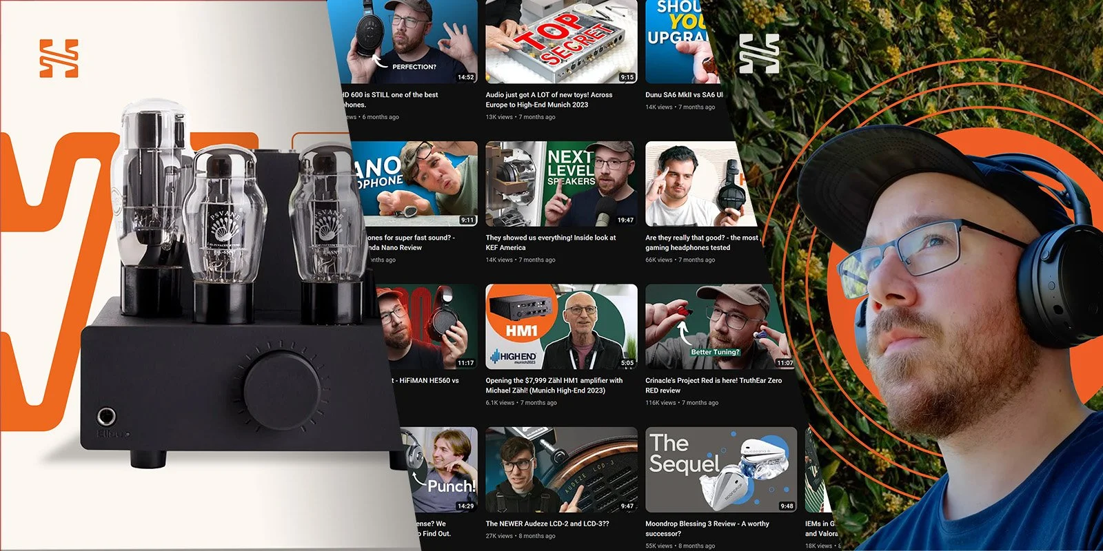 Close-up of an electronic tube amplifier with four vacuum tubes on top, set against a background blending a YouTube interface showing a channel with various tech review thumbnails, and a young man outdoors wearing headphones and glasses, looking to the side.