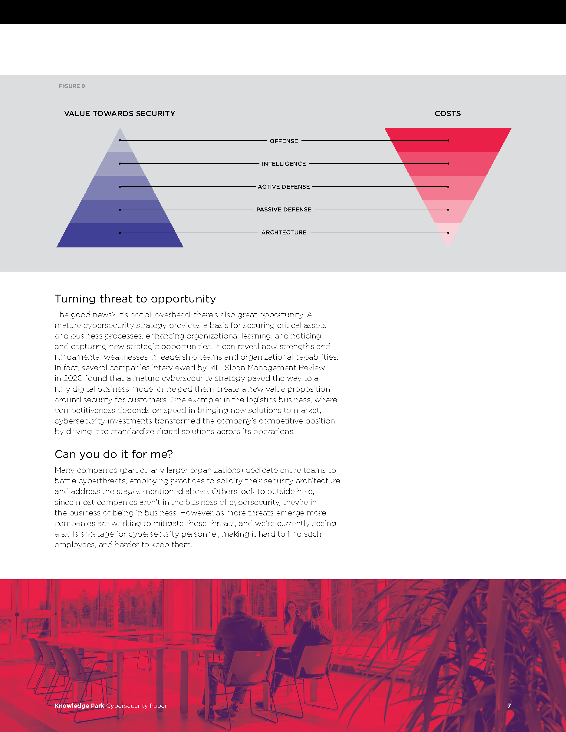 A printed cybersecurity article page with a triangular diagram comparing value towards security and costs, and text discussing cybersecurity threats and strategies. The lower part features a red-tinted photo of people in a modern office or conference