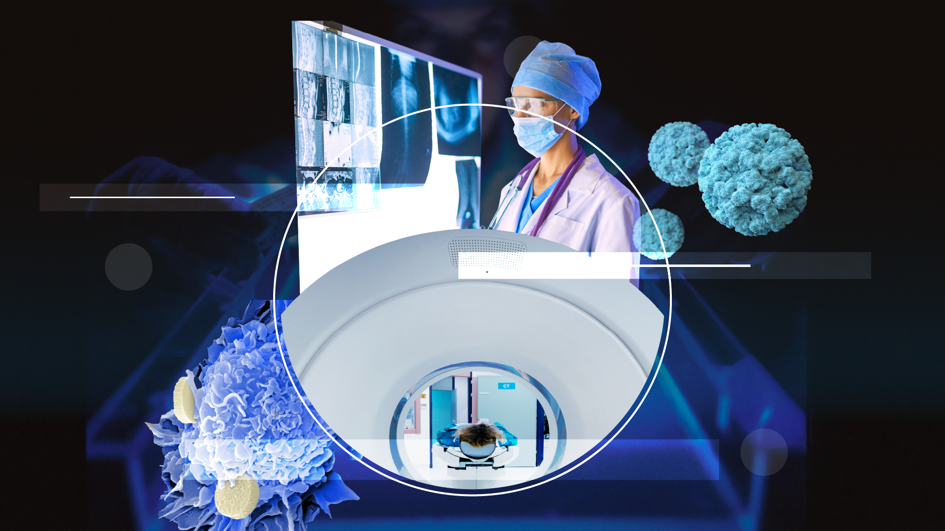 A medical professional wearing a mask and gloves looks at a screen with medical images, with a hospital patient on a gurney in a CT scan machine foreground, surrounded by virtual virus-like particles.