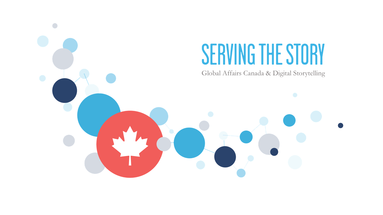 Slide with the title 'SERVING THE STORY' and the subtitle 'Global Affairs Canada & Digital Storytelling'. Features a graphic of interconnected circles, with one large red circle containing a white maple leaf, symbolizing Canada.