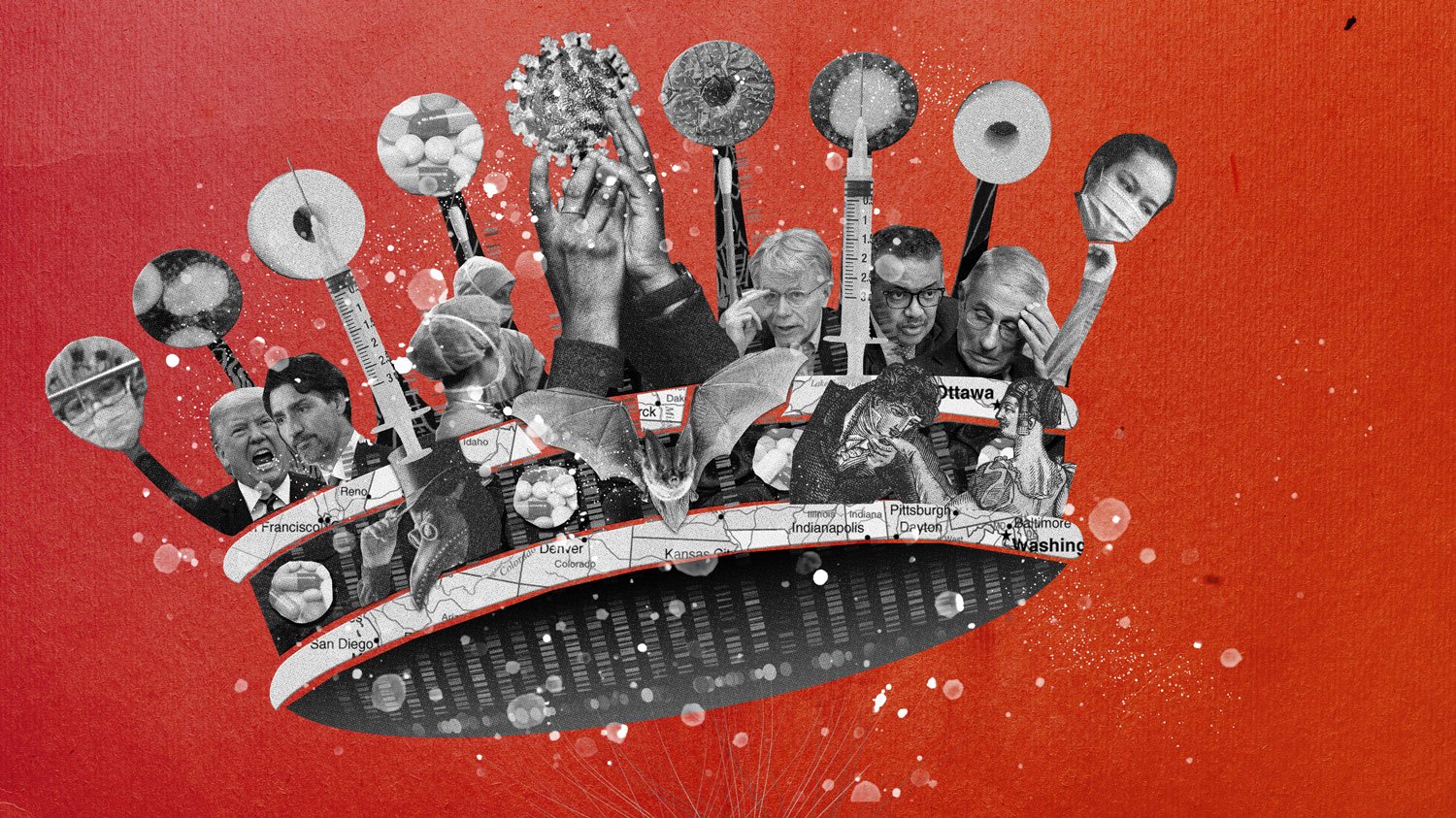 A collage of black and white images of people, syringe-shaped elements, medical items, and a map, set against a red background, depicting themes of health, medicine, and political figures.