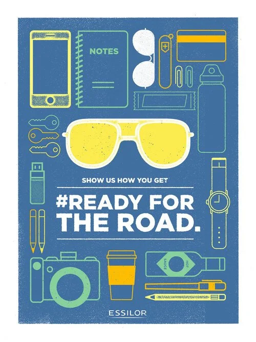 Illustration of various travel and accessories items including a smartphone, notebook, glasses, credit card, key, water bottle, sunglasses, a camera, coffee cup, watch, flashlight, pen, and pencil, with the text "Show us how you get #Ready for the Ro