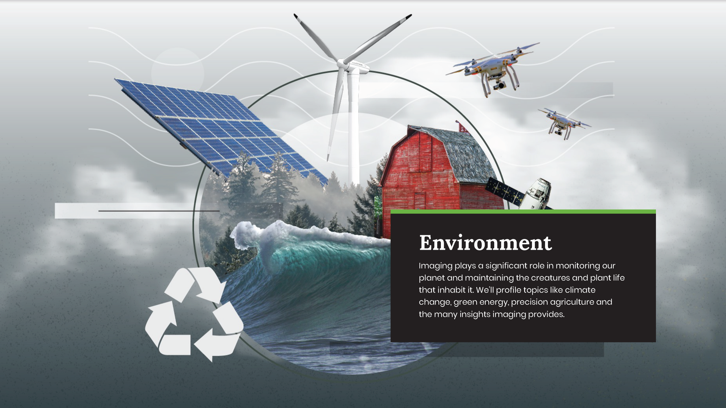 Illustration of renewable energy sources including solar panels, wind turbine, and drones near a red barn and ocean wave, with a recycling symbol and a black informational box about environmental monitoring and climate change.