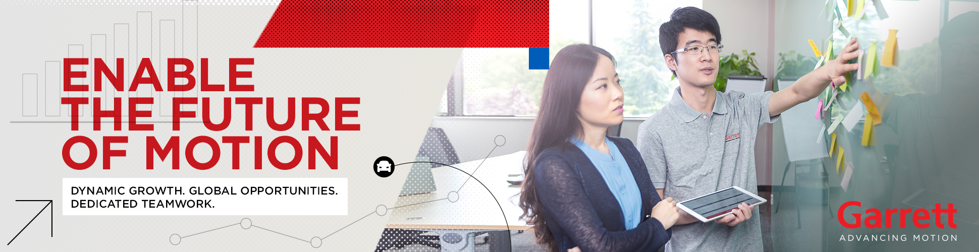Two professionals in an office, one man presenting sticky notes on a glass wall, woman holding a tablet, with text overlaid that says "Enable the future of motion" and branding for Garrett.