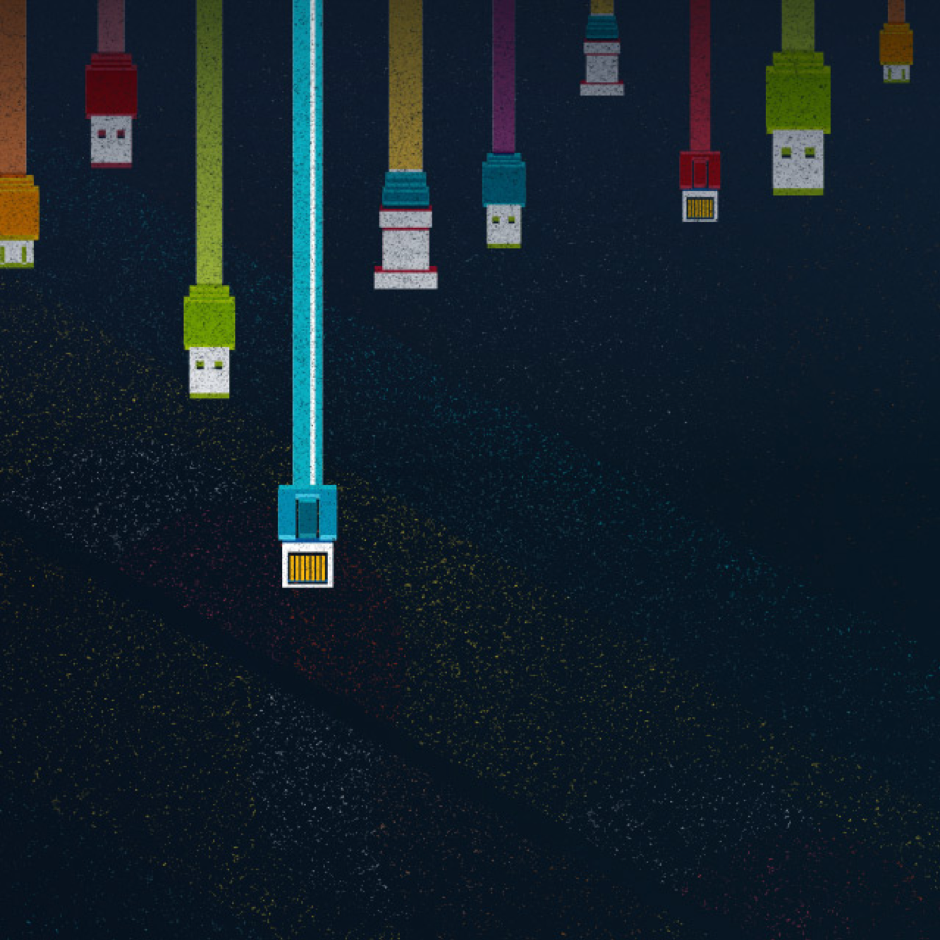 Pixel art illustration of a group of USB flash drives in various colors hanging upside down against a dark background with a scattering of colored dots.