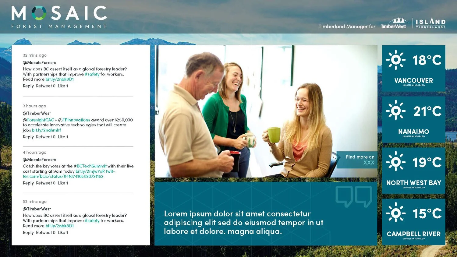 A digital screen displaying weather updates and social media posts from Mosaic Forest Management, TimberWest, and other forestry organizations. The screen shows three smiling people drinking coffee, with a background of mountain landscape images.