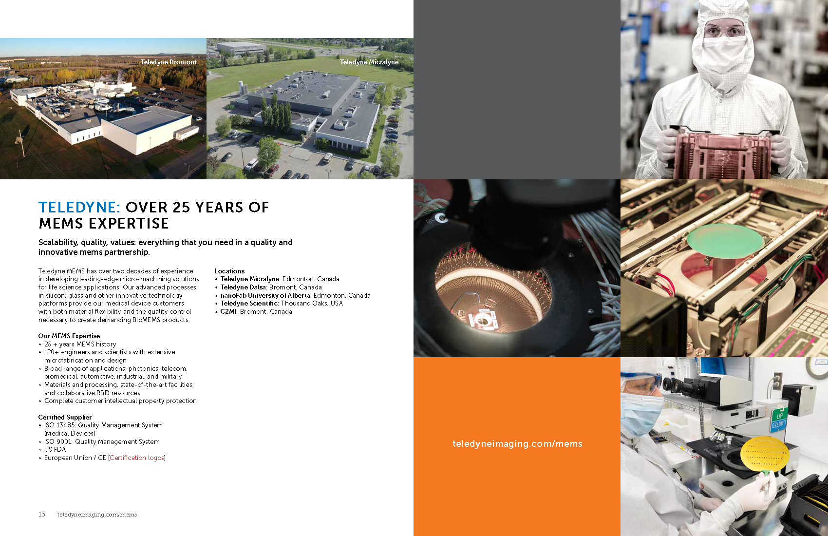 A collage of images showing Teledyne's manufacturing facilities, including aerial views of plant locations in Bromont, Canada, and Edmonton, Canada, along with photos of scientists working with high-tech equipment in a laboratory, a worker in cleanro