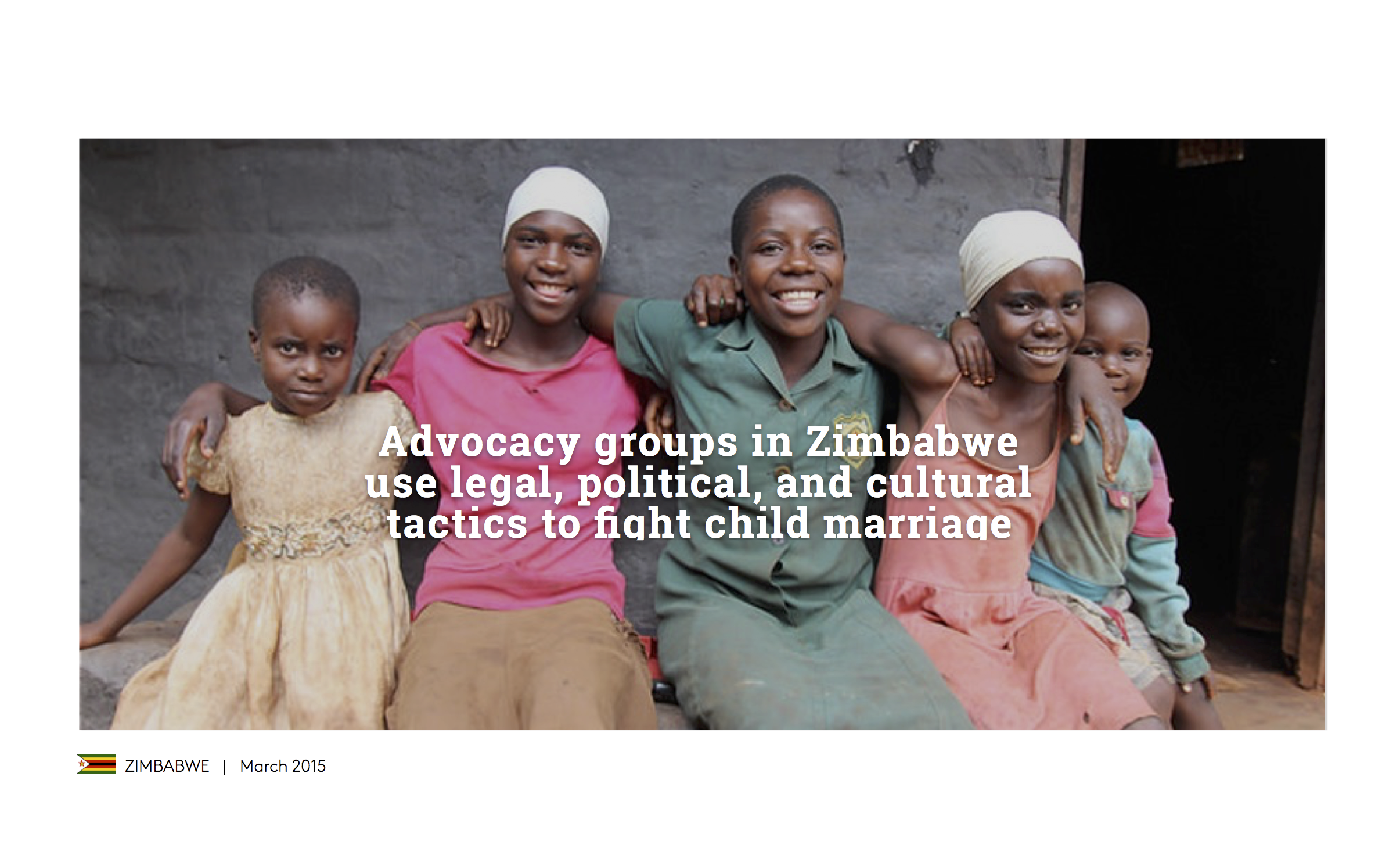 Smiling women and children sitting together outside, with text overlay about advocacy groups in Zimbabwe fighting child marriage through legal, political, and cultural tactics, March 2015.
