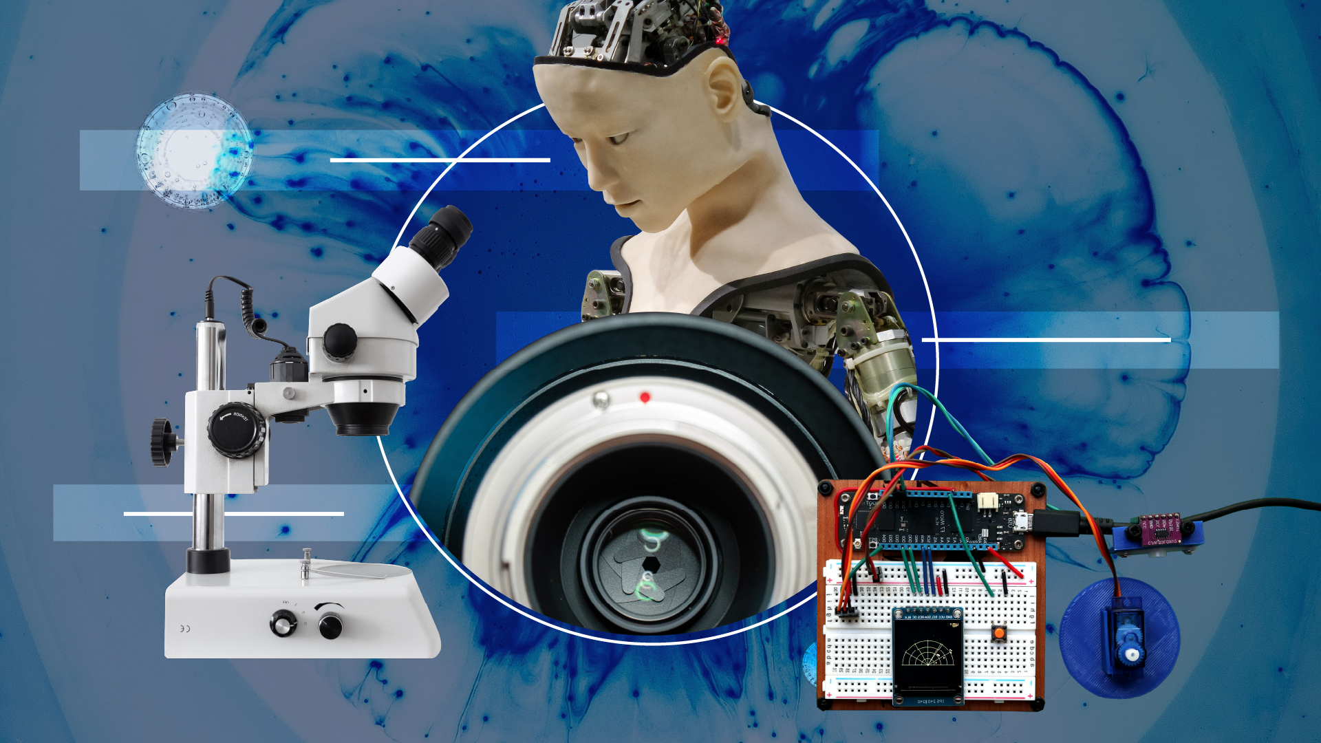A digital collage showing a human-like robot with mechanical parts, a microscope, a large speaker, and electronic components connected by wires, all superimposed on a blue abstract background.