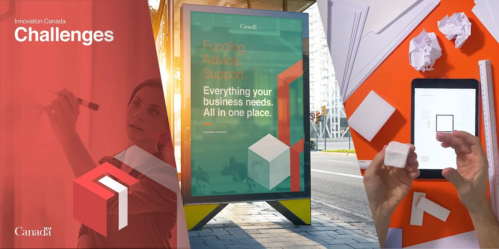 A woman writes on a transparent red panel with a marker, with a promotional poster outside showing the words 'Funding. Advice. Support. Everything your business needs. All in one place.' A person is working on a tablet, holding white foam blocks, with crumpled paper and a ruler on an orange surface nearby.