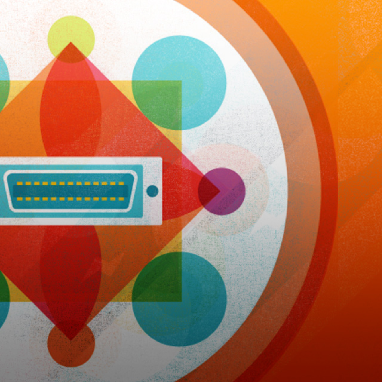 Abstract digital art with multicolored geometric shapes, circles, squares, and a rectangular element in the center with yellow dashed lines, on a textured background with orange and white hues.