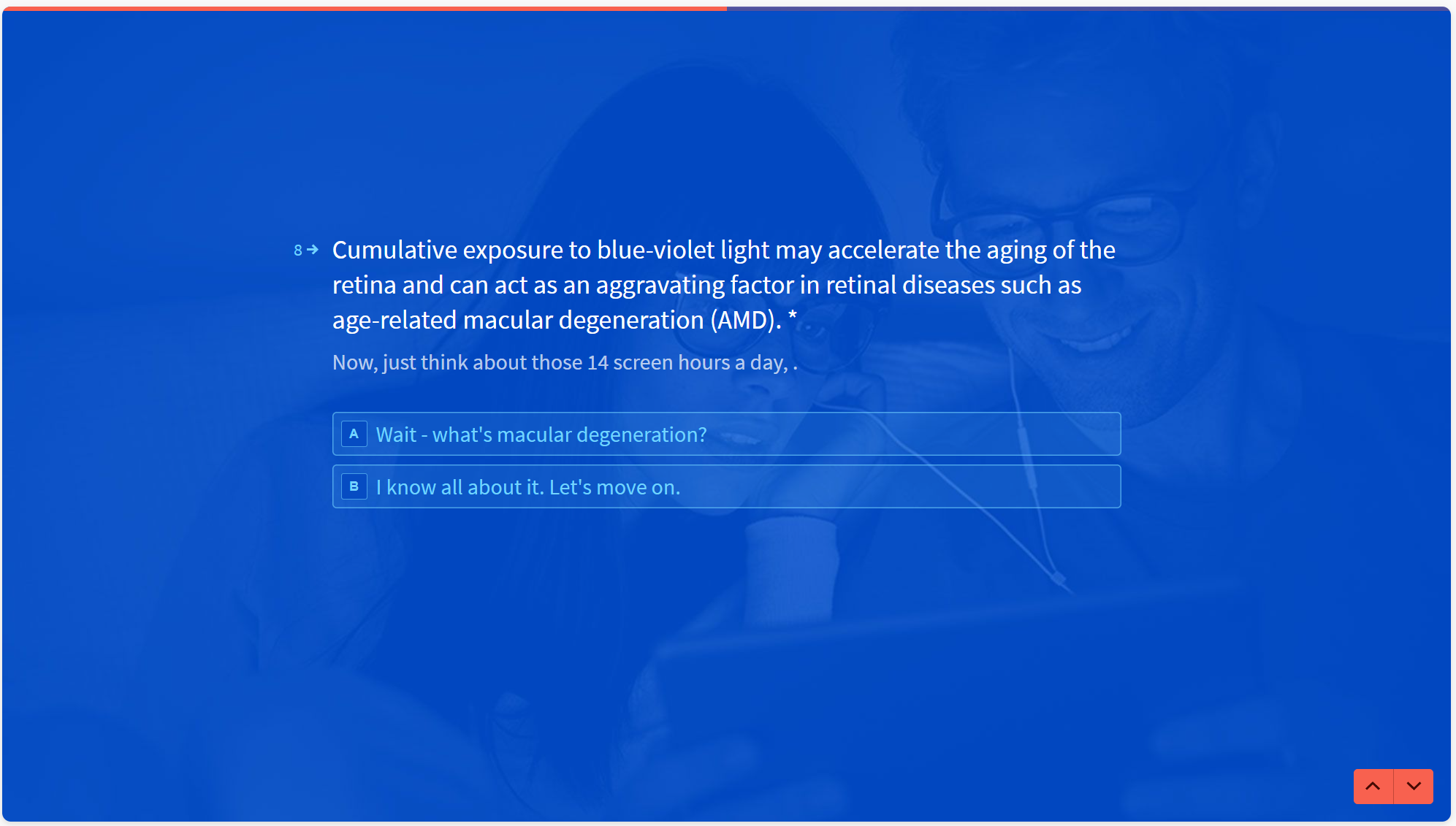 Quiz question about how blue light may accelerate aging in the retina