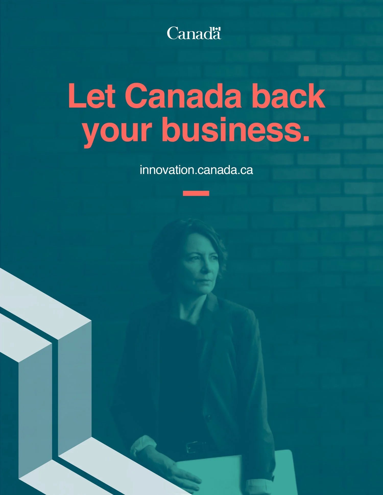 A woman standing against a brick wall with a serious expression, holding a folder or laptop. Text on the image reads "Let Canada back your business" and a website URL innovation.canada.ca, with the Canada logo at the top.