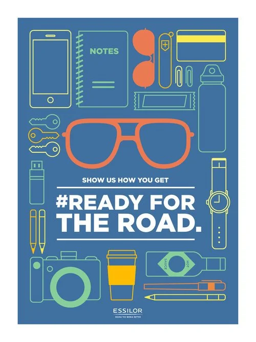 Illustration of various travel essentials including a smartphone, notebook, sunglasses, credit card, water bottle, keys, flashlight, coffee cup, camera, smartwatch, pen, and makeup items, all arranged around the bold text 'Show us how you get ready f