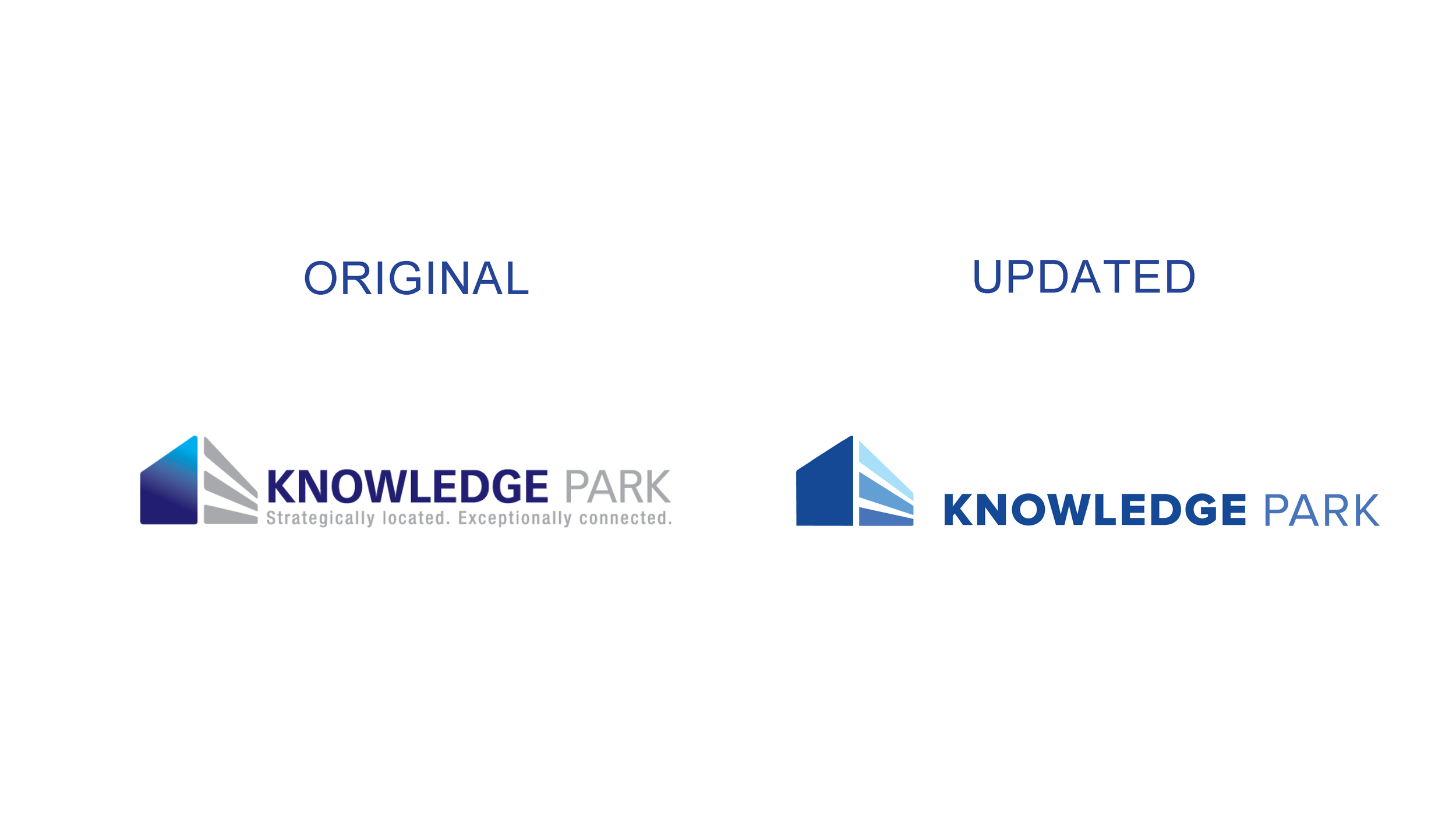 Side-by-side comparison of two versions of a logo for 'Knowledge Park'. The original logo features a dark blue and gray geometric building icon with the text 'KNOWLEDGE PARK' in bold blue and gray letters, and the tagline 'Strategically located. Exce