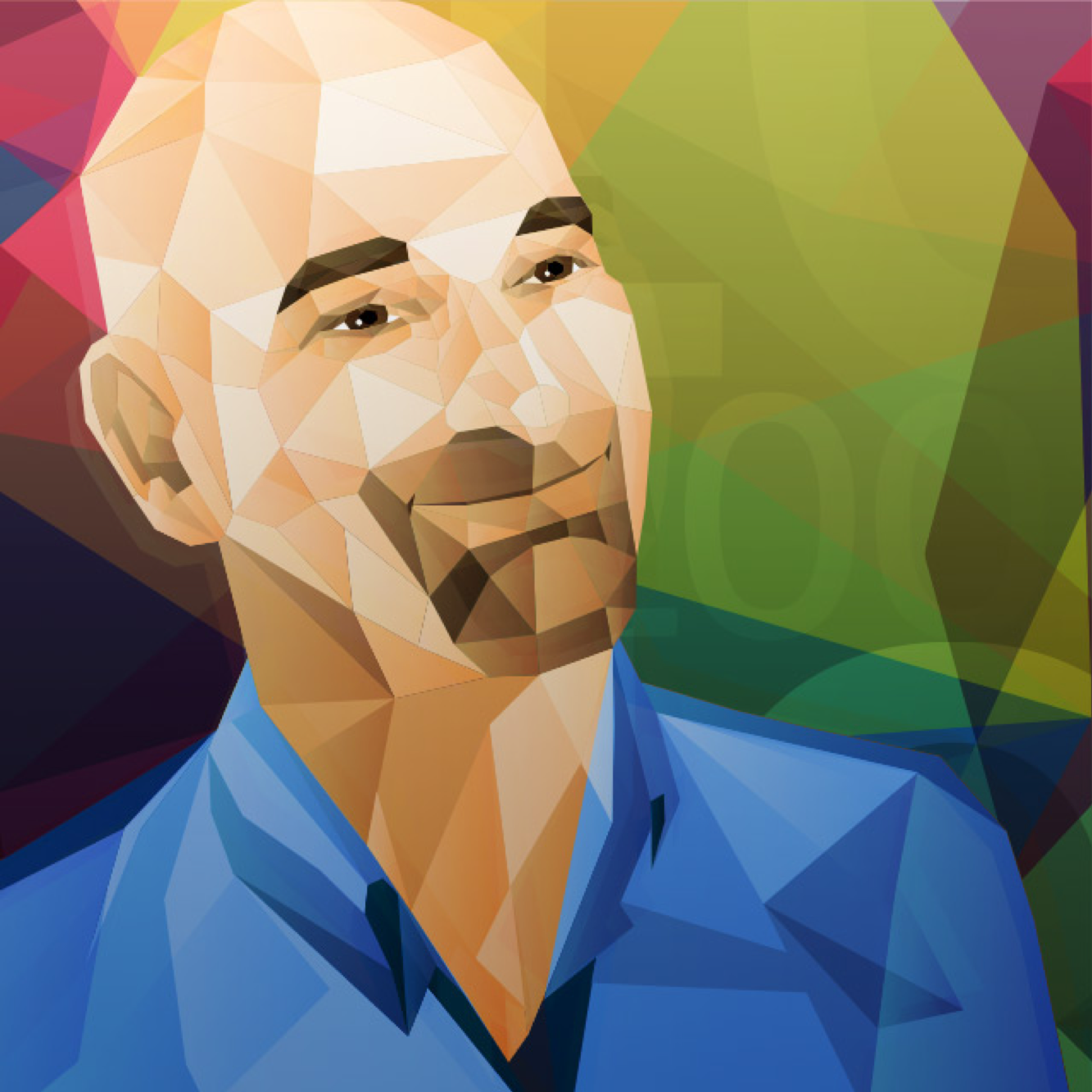 A low-poly style portrait of a man with a mustache and goatee, smiling, wearing a blue shirt. The background features a colorful, geometric pattern.