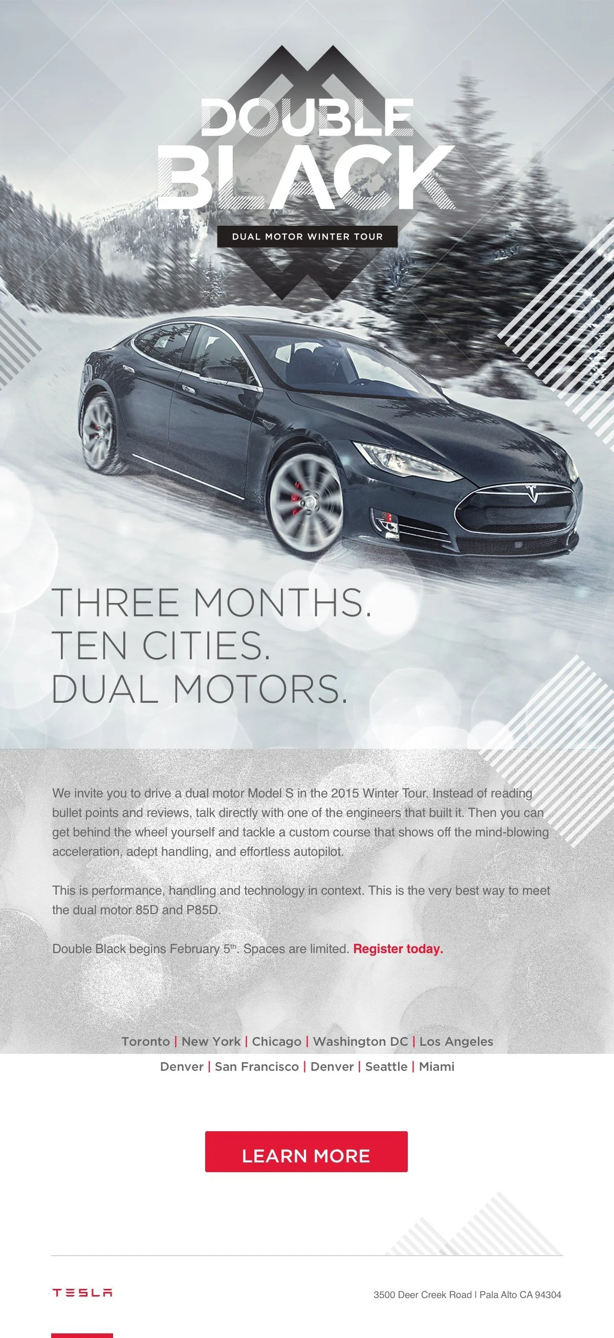 A promotional flyer for Tesla's Double Black winter tour featuring a black Tesla Model S driving through snow in a mountainous landscape with snow-covered trees. The flyer includes details about a three-month, ten-city dual motor test drive event sta