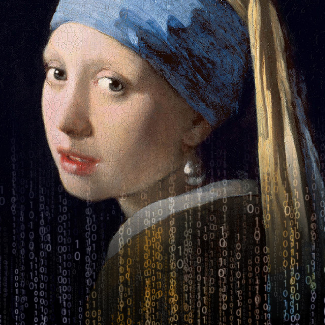 Famous painting of a woman in historical attire with digital binary code overlay.