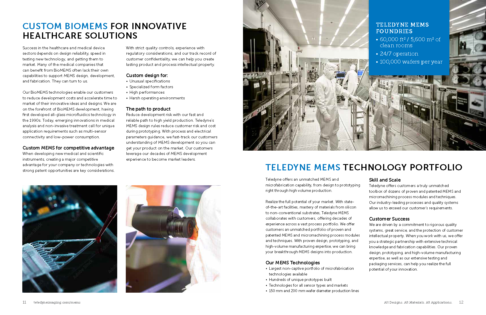 Two pages of a brochure for TELEDYNE MEMS, featuring text about custom biomes, MEMS technology, and a large image of people in cleanroom suits working with equipment in a manufacturing facility.